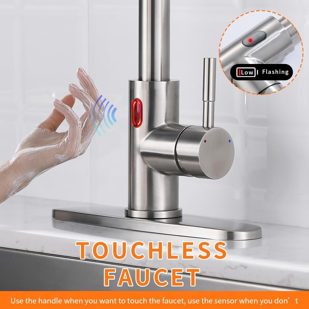 OWOFAN Touchless LED Light Kitchen Sink Faucet Pull Down Sprayer Smart Motion Sensor Activated Hands Free Single Handle Kitchen Faucet Brushed Nickel - Image 7