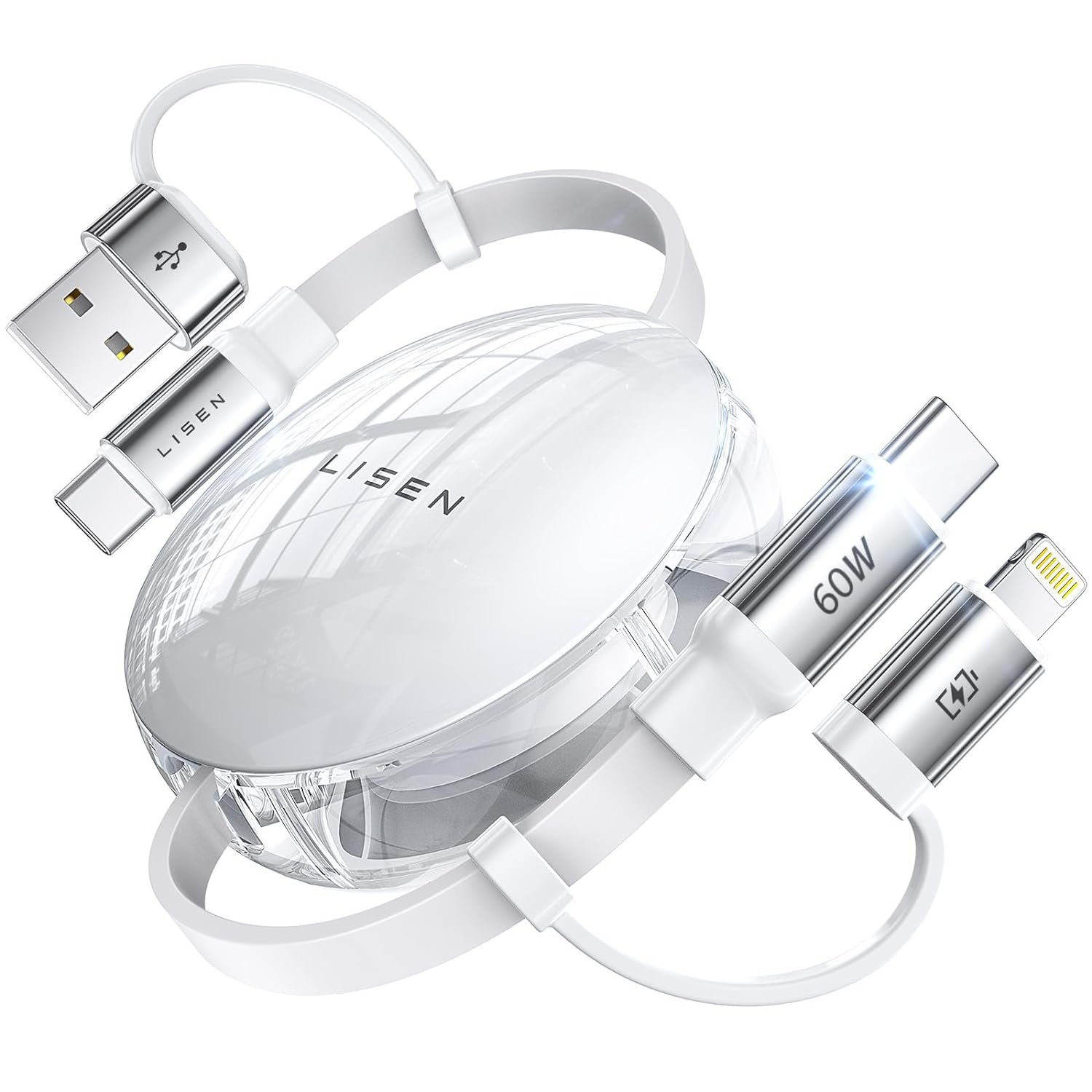 LISEN 5-in-1 Fast Charging Retractable Cable for iPhone, iPad, Samsung - 60W Charger with USB-C/A Ports for Phones, Tablets, White - Image 2