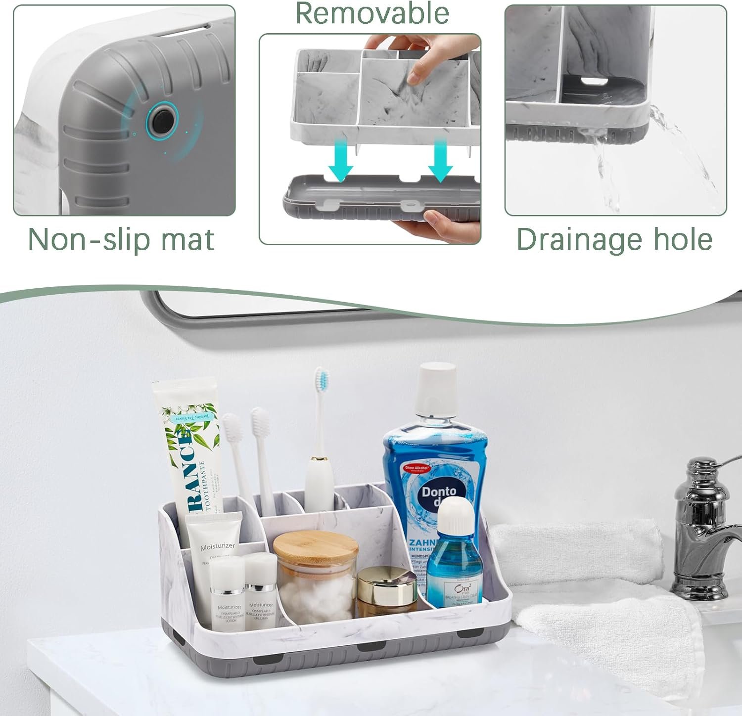 Marble Bathroom Countertop Organizer - Detachable 7 Slots Kids Electric Toothbrush and Toothpaste Holde Drainage for Bathroom Accessories Organization Counter Vanity Storage, Grey - Image 4