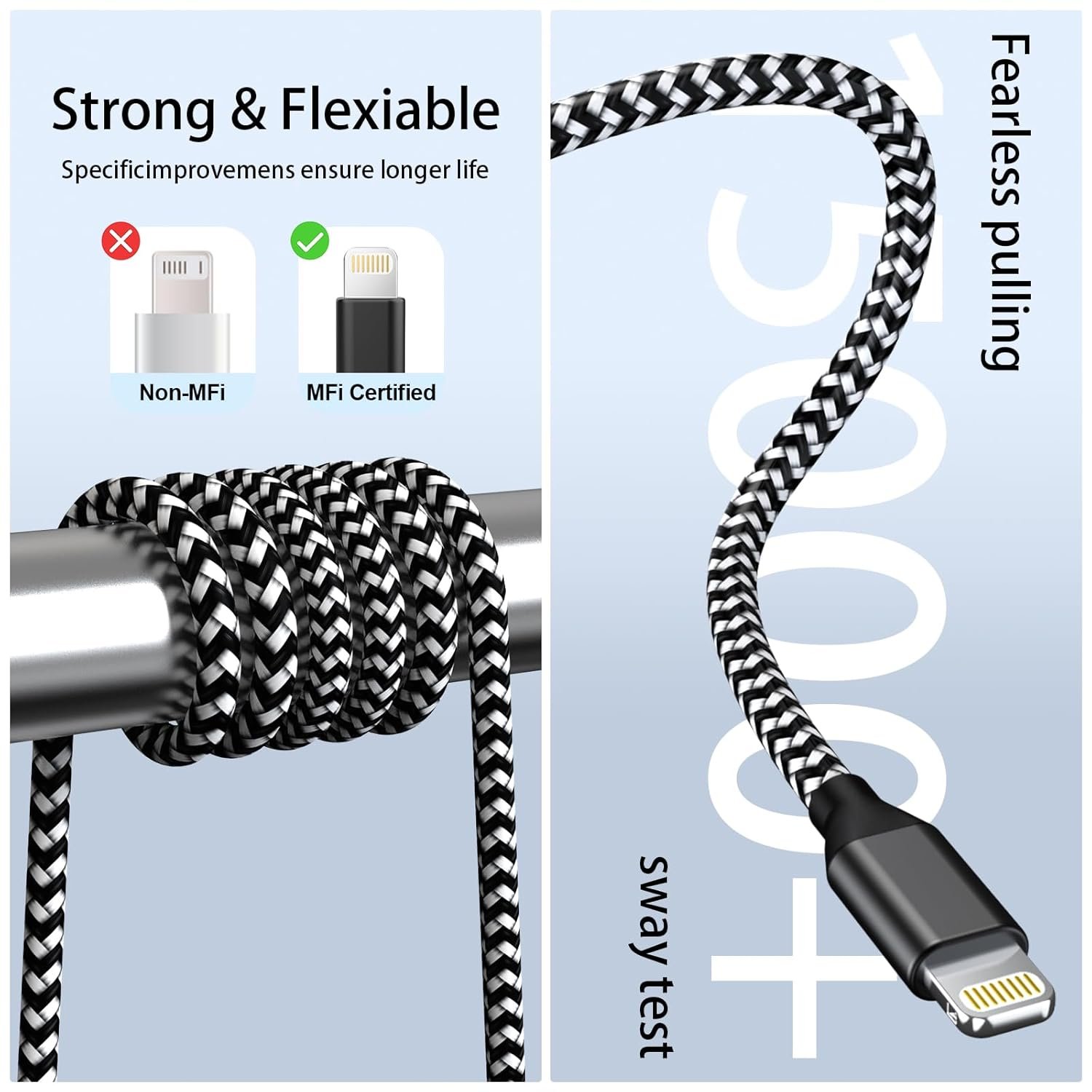 3 Pack iPhone Charger 10 FT Apple MFi Certified Fast Charging Lightning Cable Nylon Braided High Speed Transfer Cord for iPhone 14 13 12 11 Pro Max XR XS X 8 7 6 Plus iPad and More - Image 5