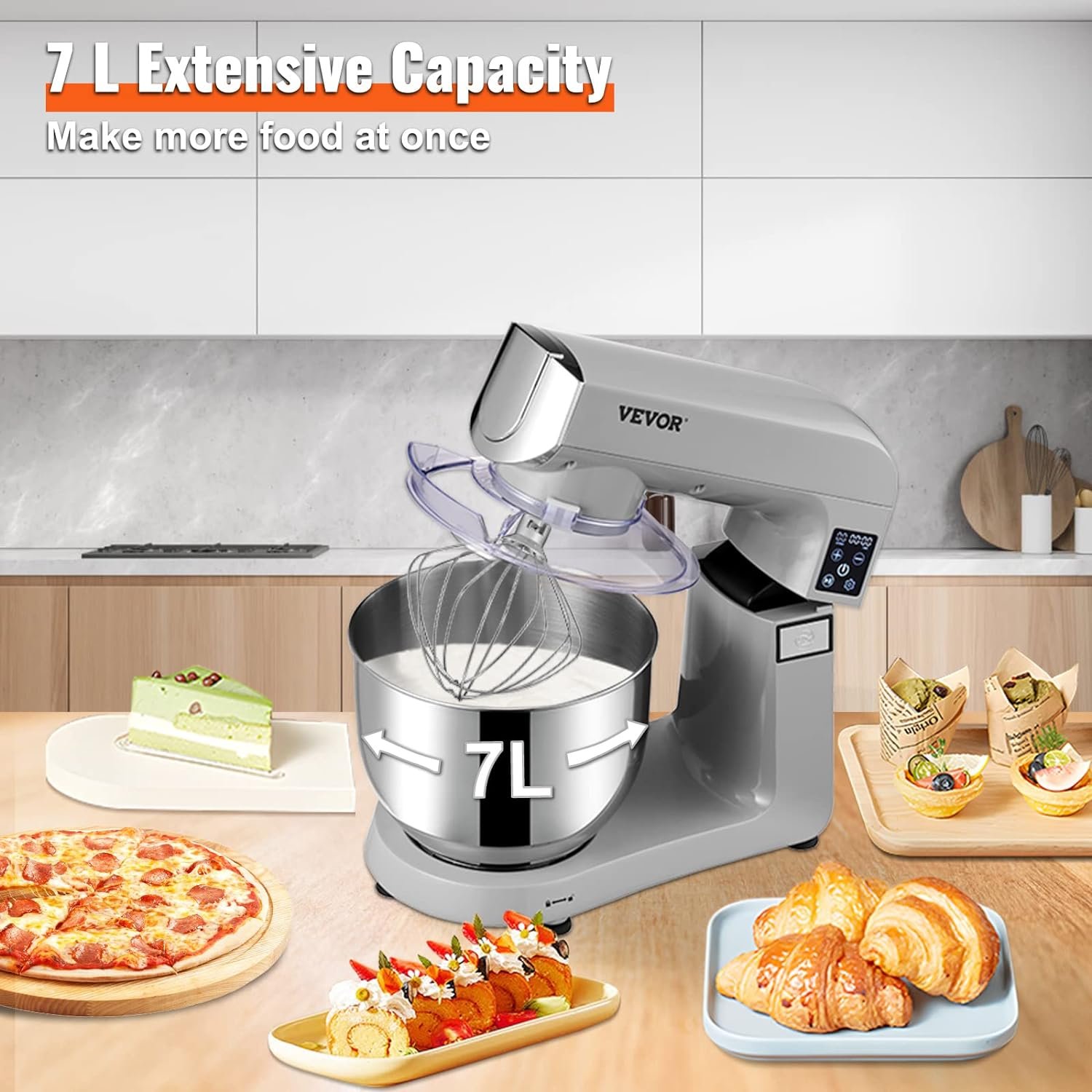 VEVOR 6 IN 1 Stand Mixer, 450W Tilt-Head Multifunctional Electric Mixer with 6 Speeds LCD Screen Timing, 7.4Qt Stainless Bowl, Dough Hook, Flat Beater, Whisk, Scraper, Grinder, Stuffer, Slicer - Gray - Image 7