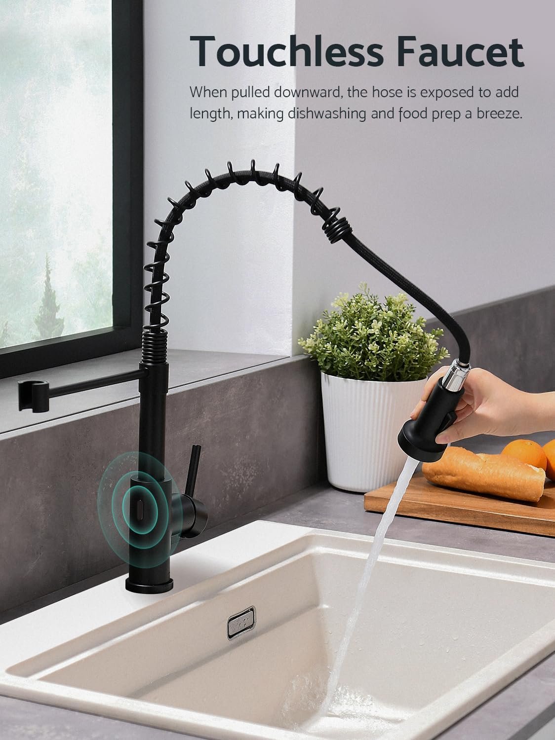 WEWE Matte Black Touchless Kitchen Faucet with Pull Down Sprayer - Motion Sensor Black Kitchen Faucet Spring Single Handle Kitchen Faucets, Stainless Steel Faucet for Kitchen Sink - Image 3