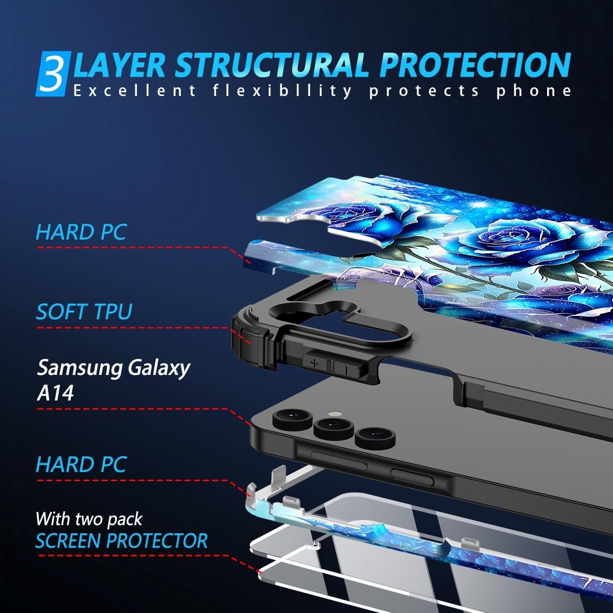 Miqala for Galaxy A14 5G Case with 2 Tempered Glass Screen Protector,Glow in The Dark Three Layer Shockproof Protective Case for Samsung Galaxy A14 5G,Blue Rose - Image 4
