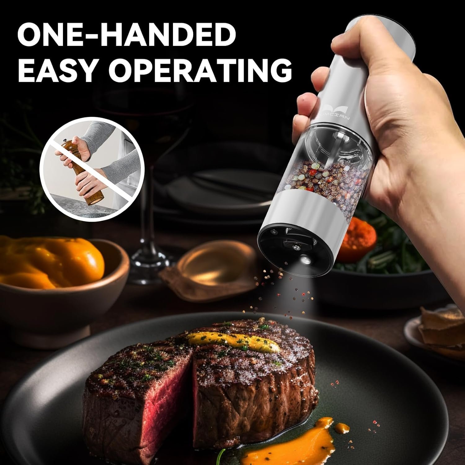 Rechargeable Salt and Pepper Grinder Set, Yumcian Stainless Steel Automatic Salt and Pepper Grinder Mill, Electric Pepper Shakers Set with Adjustable Coarseness and LED Light, Upgraded Larger Capacity - Image 5