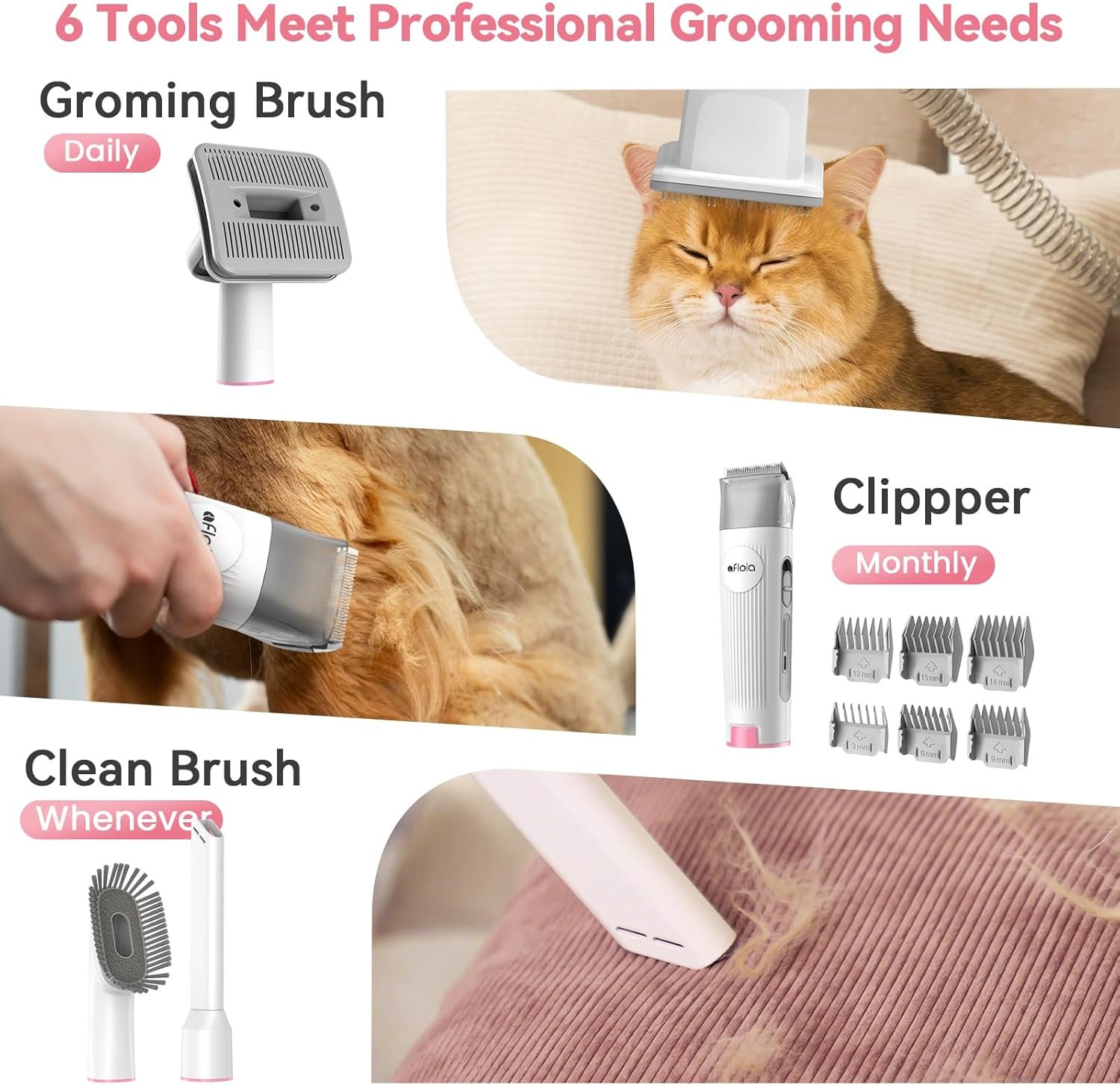 Afloia Dog Grooming Kit, Pet Grooming Vacuum & Dog Clippers & Dog Brush for Shedding with 5 Pet Grooming Tools, Low Noise Dog Hair Remover Pet Grooming Supplies for Dog Cat, Pink - Image 7