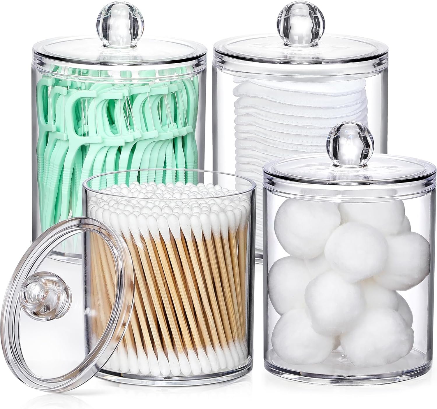 4 Pack Acrylic Qtip Holder Dispenser for Cotton Swabs, Balls, Pads, Floss Picks- Small Clear Plastic Canister Apothecary Jar Set, Bathroom Essentials Accessories Decor, Vanity Makeup Storage Organizer - Image 2