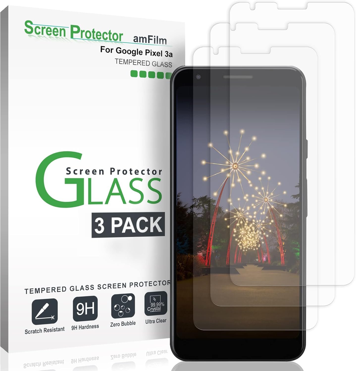 amFilm Glass Screen Protector for Google Pixel 3a (3 Pack) 0.2mm Tempered Glass (2019) - Image 2