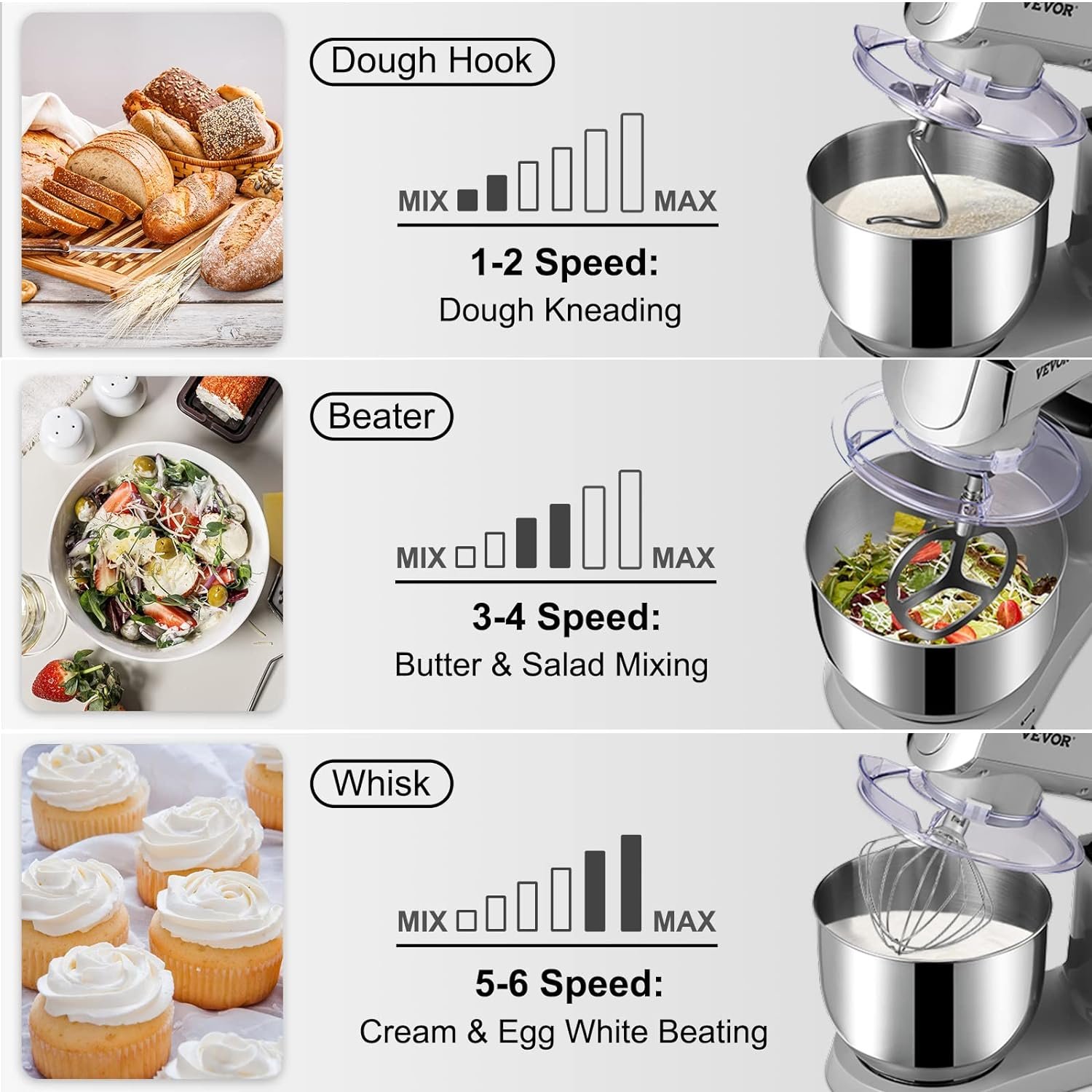 VEVOR 6 IN 1 Stand Mixer, 450W Tilt-Head Multifunctional Electric Mixer with 6 Speeds LCD Screen Timing, 7.4Qt Stainless Bowl, Dough Hook, Flat Beater, Whisk, Scraper, Grinder, Stuffer, Slicer - Gray - Image 4
