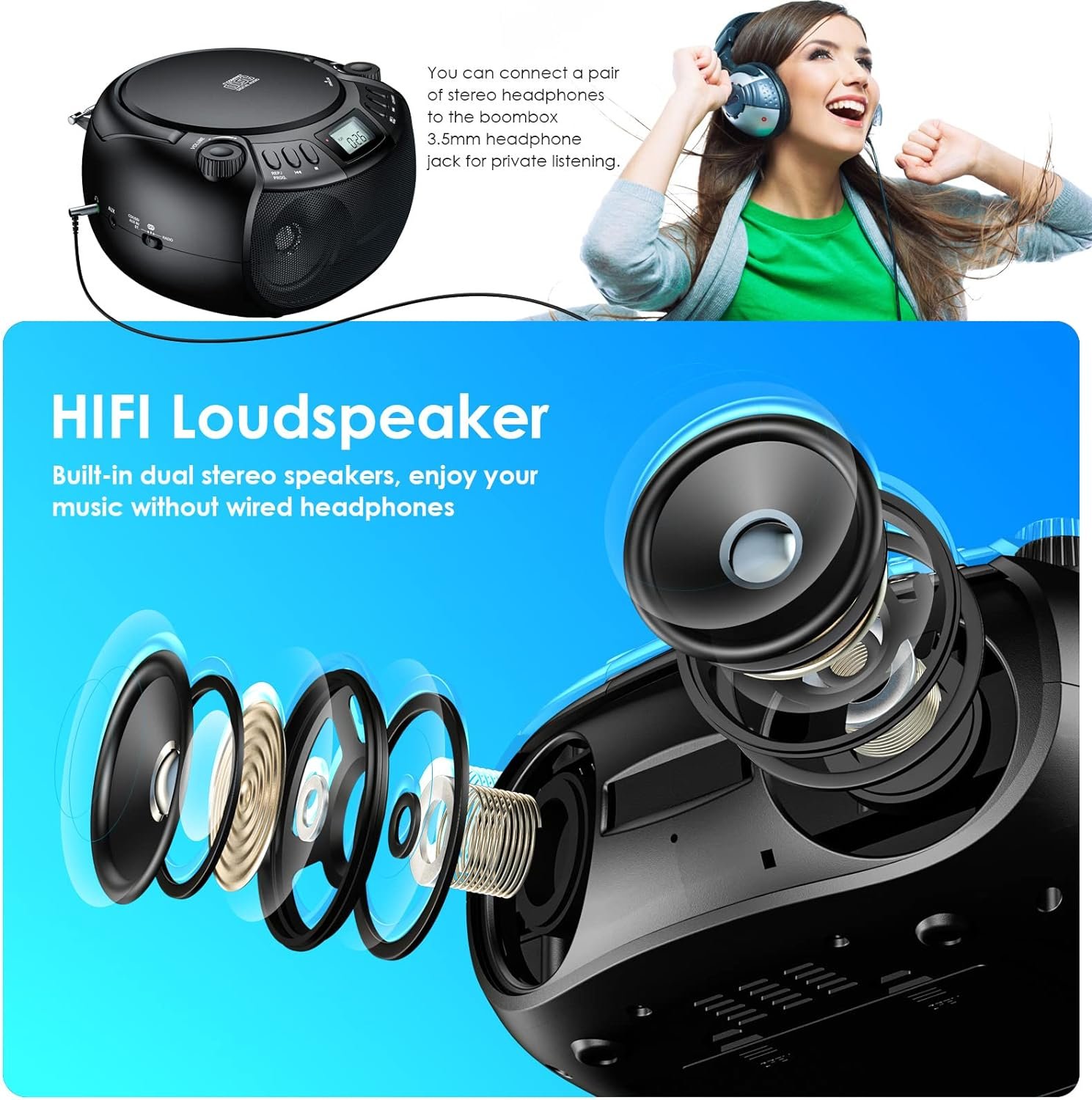 Gueray CD Player Boombox with Bluetooth Boombox AM/FM Radio USB Port Portable CD Player Stereo Sound Speaker MP3 Playback 3.5mm AUX Input Headphone Jack LCD Display CD-R CD-RW MP3WMA Playback - Image 6