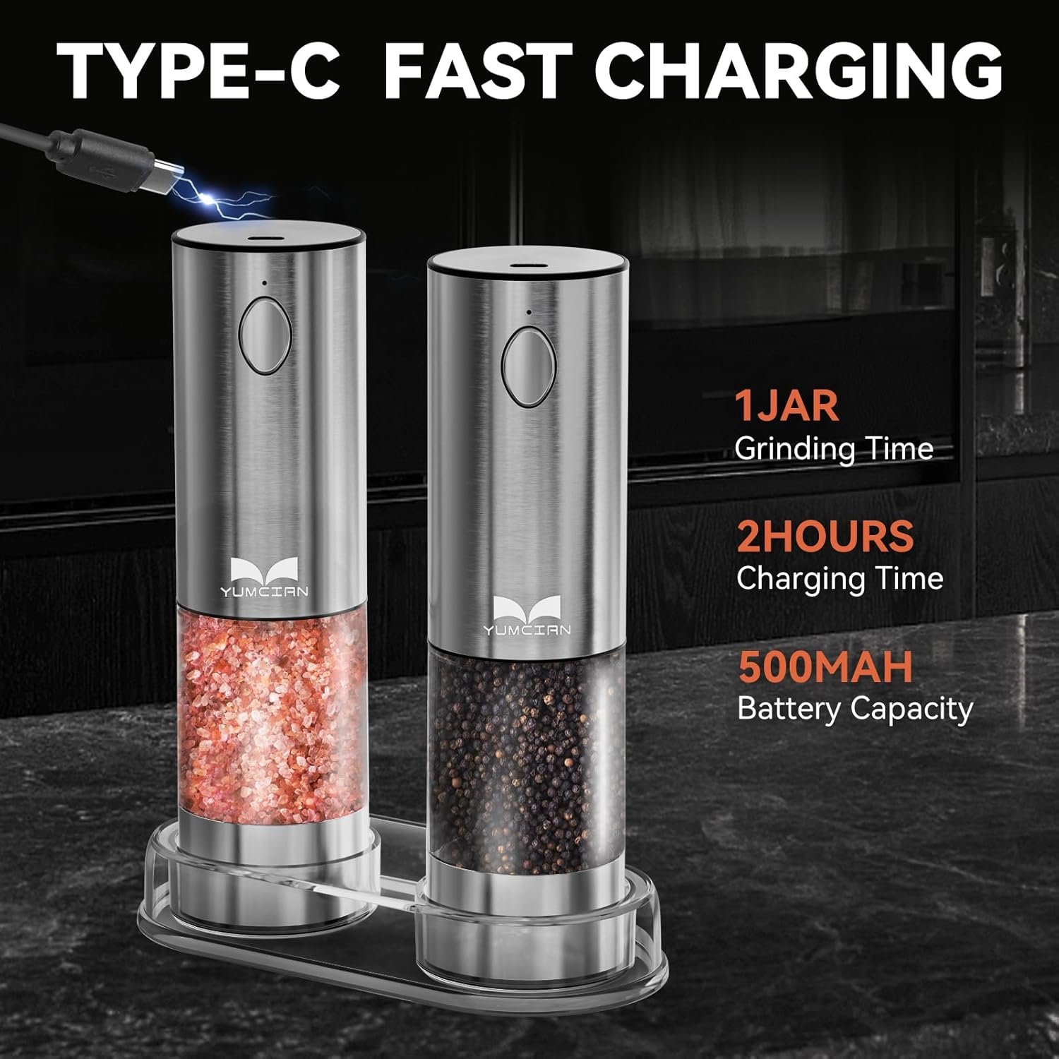 Rechargeable Salt and Pepper Grinder Set, Yumcian Stainless Steel Automatic Salt and Pepper Grinder Mill, Electric Pepper Shakers Set with Adjustable Coarseness and LED Light, Upgraded Larger Capacity - Image 4