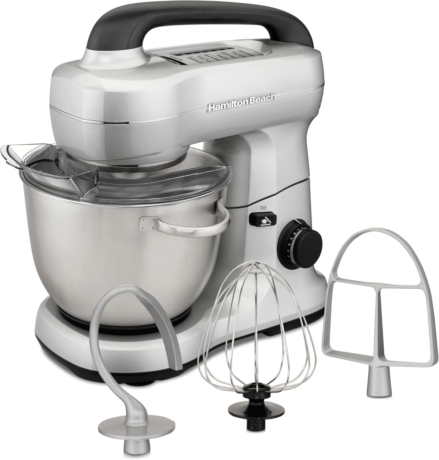 Hamilton Beach Electric Stand Mixer, 4 Quarts, Dough Hook, Flat Beater Attachments, Splash Guard 7 Speeds with Whisk, Silver - Image 2