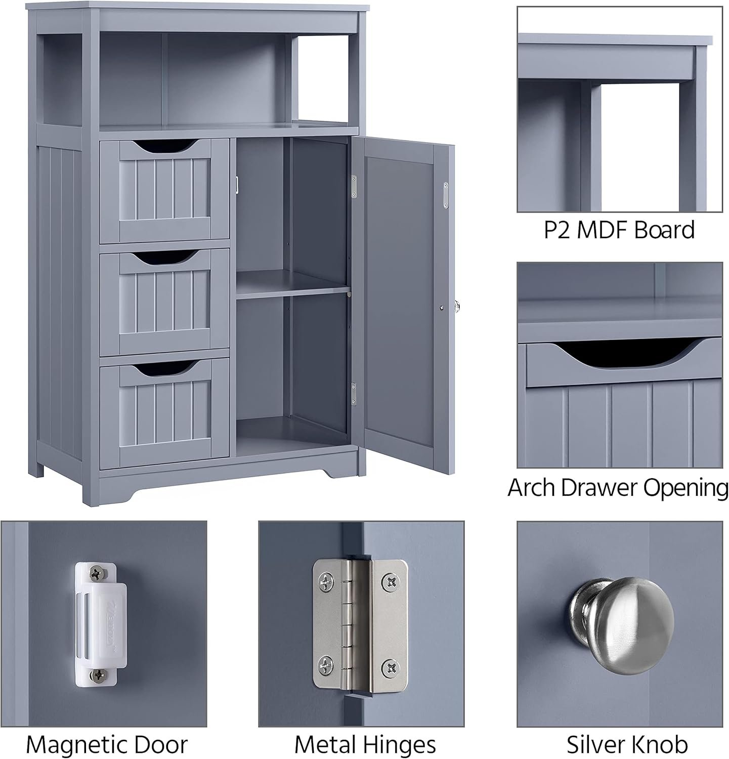 Yaheetech Bathroom Floor Cabinet, Wooden Storage Organizer Multiple Tiers Storage Cabinet, Gray - Image 7