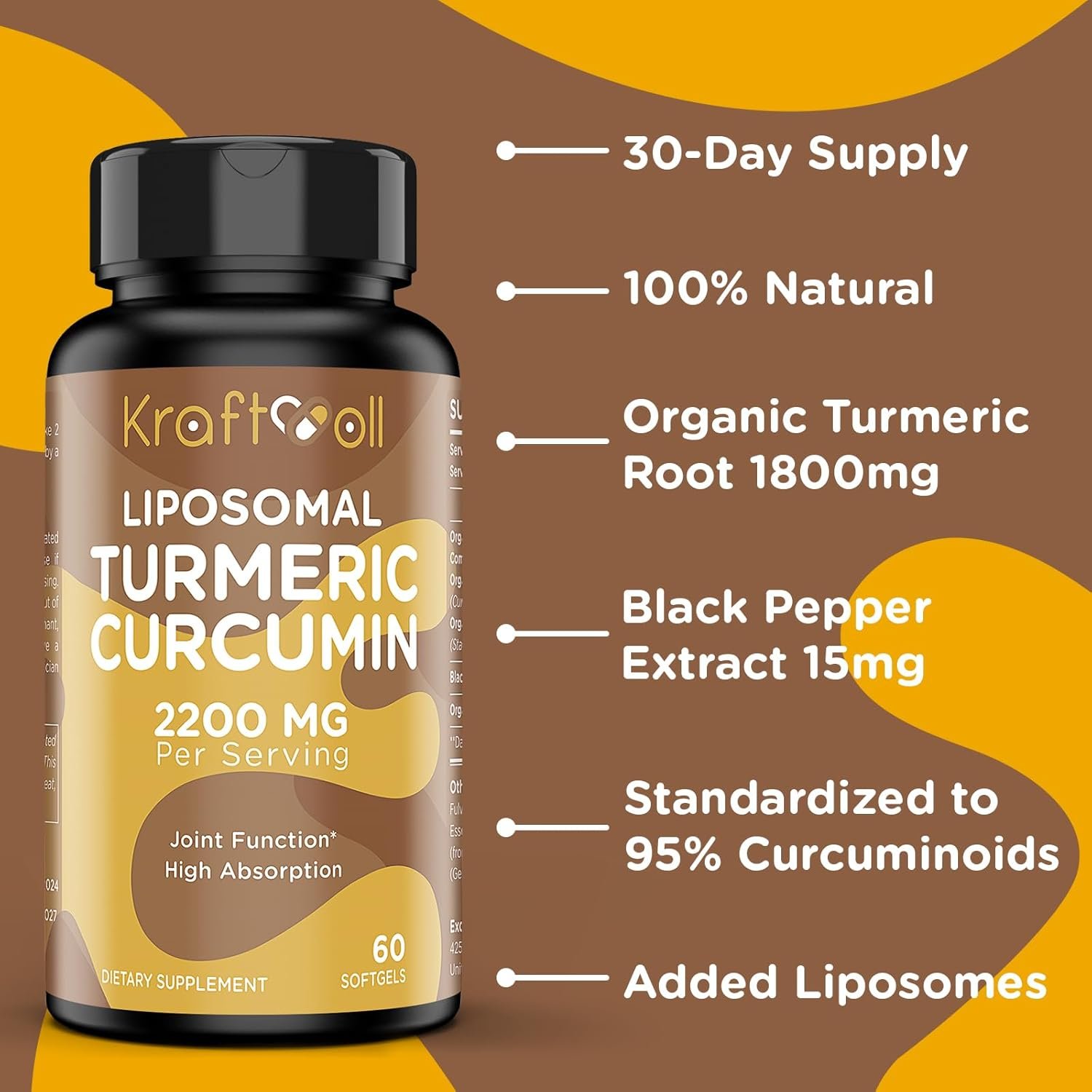 Liposomal Turmeric Curcumin Supplement 2200 mg with Black Pepper Extract 15 mg for High Absorption and Joint Function, 60 Softgels for Adults - Image 7