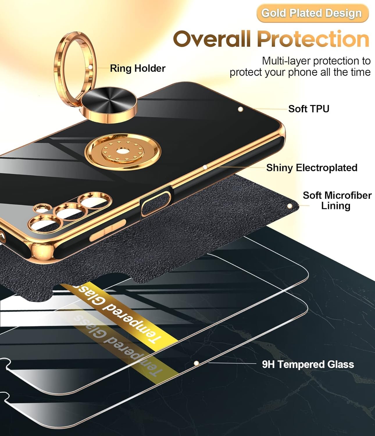 LeYi for Samsung Galaxy A14 5G Case: with 2 Pack Tempered Glass Screen Protector and 360° Rotatable Ring Holder Magnetic Kickstand, Plating Rose Gold Edge Protective Samsung A 14 5G Case, Black - Image 3