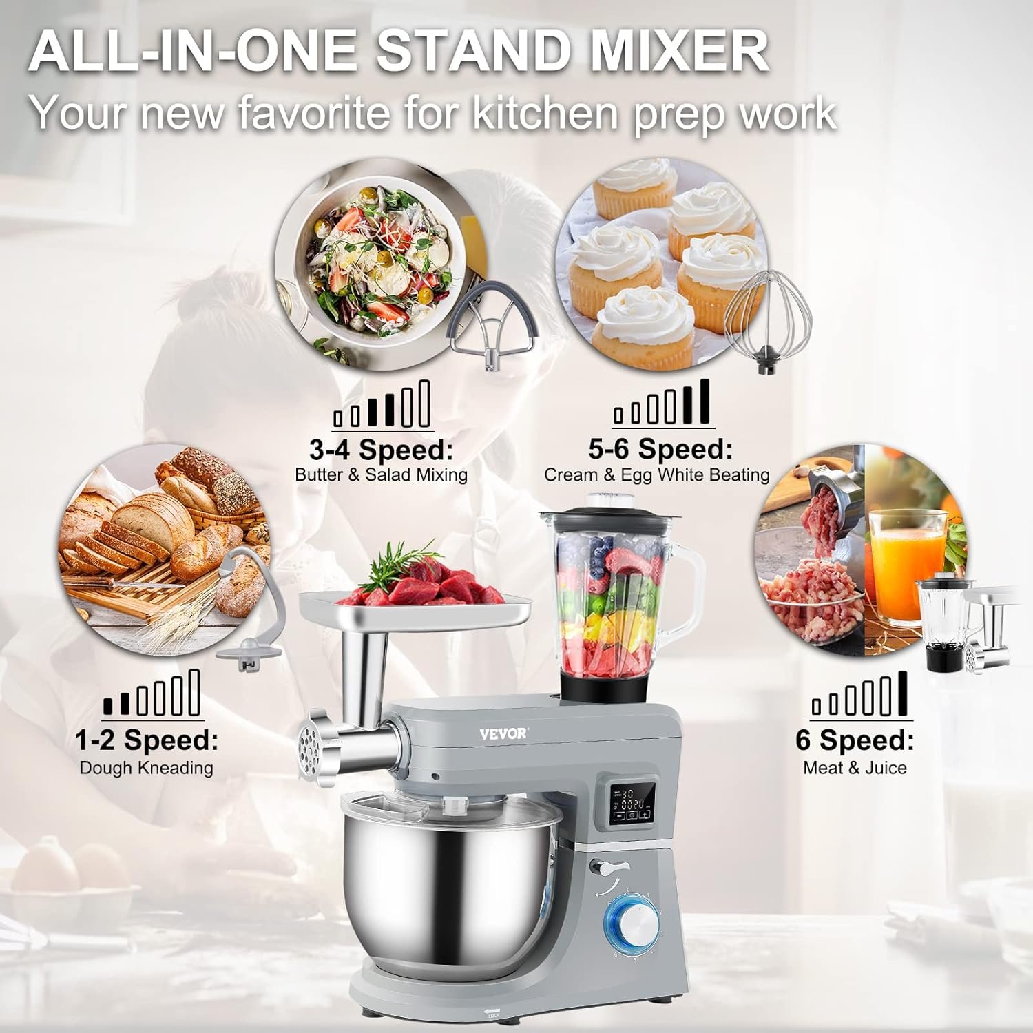 VEVOR 5 IN 1 Stand Mixer, 660W Tilt-Head Multifunctional Electric Mixer with 6 Speeds LCD Screen Timing, 7.4 Qt Stainless Bowl, Dough Hook, Flat Beater, Whisk, Scraper, Meat Grinder, Juice Cup - Gray - Image 4