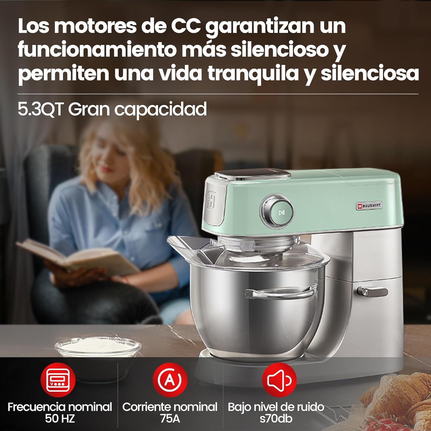 HAUSWIRT 5.3QT Electric Stand Mixer, Retro Kitchen Appliance with LED, 11 Speeds, 3-IN-1 Mixer with Stainless Steel Egg Whisk, Dough Hook, and Flat Beater, Green - Image 6