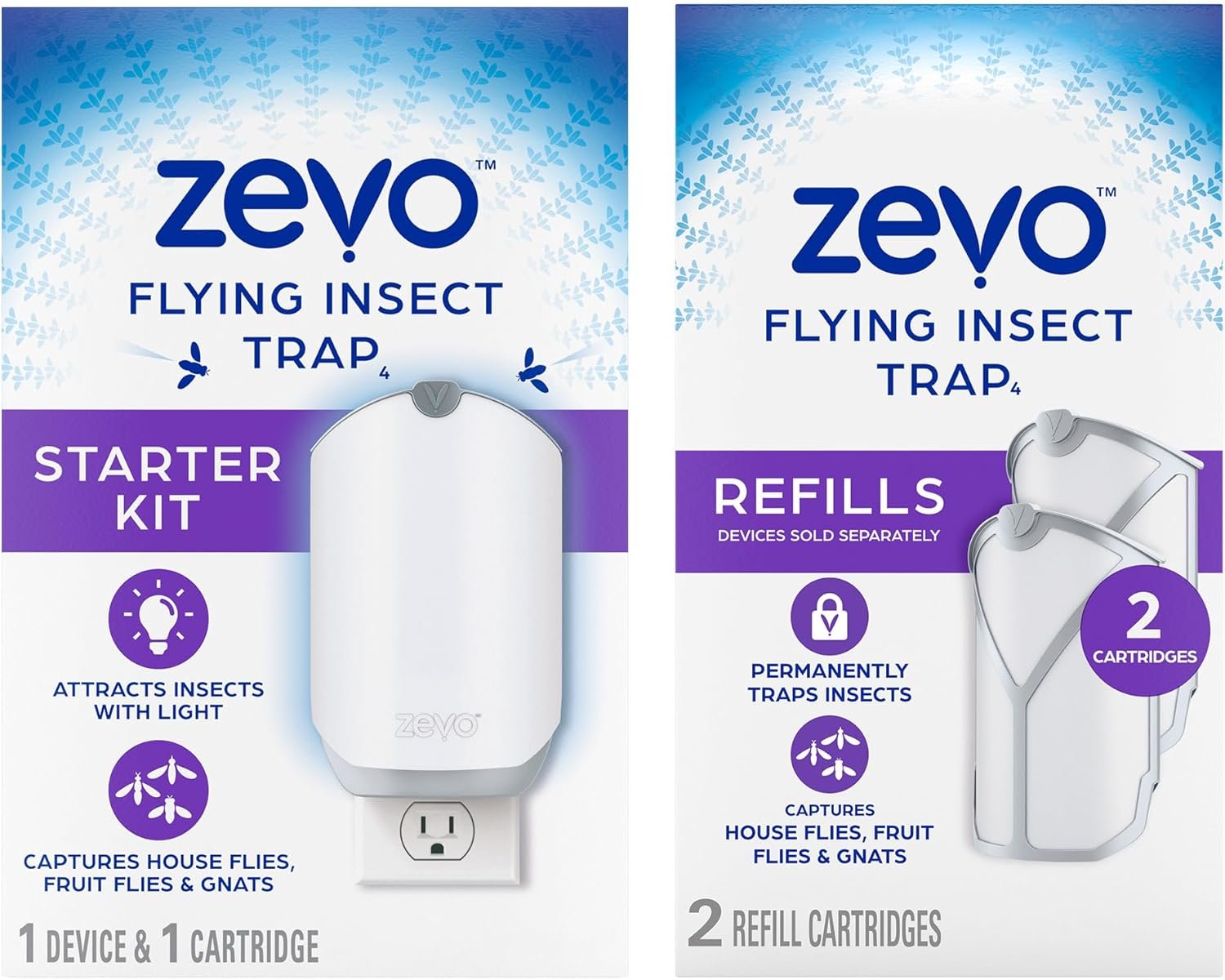 Zevo Flying Insect Trap for Indoors: Light Trap Captures Fruit Flies, Gnats and Houseflies, Starter Kit + Refills (1 Plug-in Base + 3 Cartridges) - Image 2
