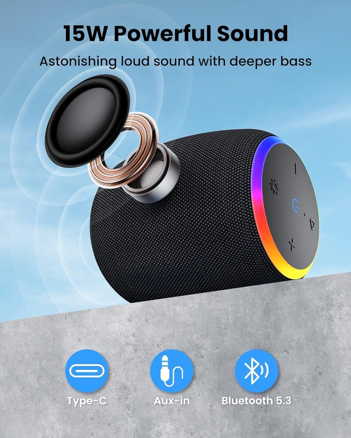 Bluetooth Speakers,Portable Wireless Speaker with 15W Stereo Sound, IPX6 Waterproof Speaker with LED Light, Bluetooth TWS, Portable Speaker for Shower Outdoor Party Beach Camping - Image 4