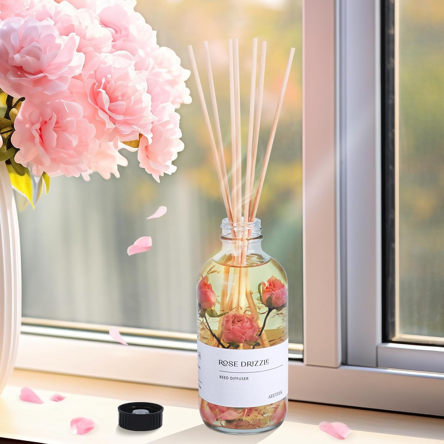 Reed Diffuser Set, Sandalwood Rose Essential Oil, 7.4fl oz(220ml) Flower Aroma Home Fragrance with 7 Rattan Sticks, Diffuser Oils Scents for Bathroom Bedroom Office Shelf Large Room Decor - Image 7