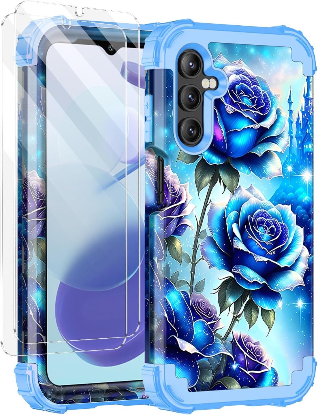 Miqala for Galaxy A14 5G Case with 2 Tempered Glass Screen Protector,Glow in The Dark Three Layer Shockproof Protective Case for Samsung Galaxy A14 5G,Blue Rose - Image 2