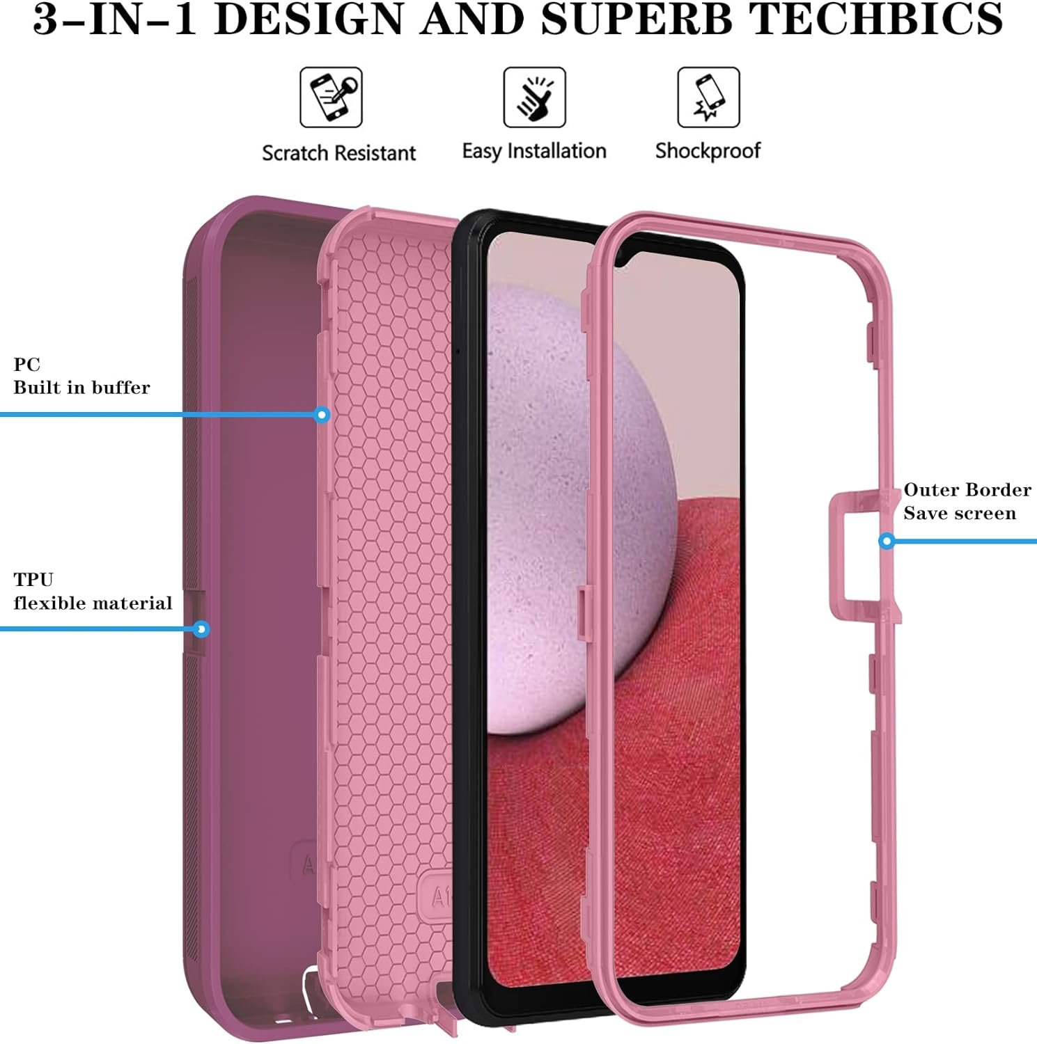 ONOLA Phone Case Compatible with Samsung Galaxy A14 5G with HD Screen Protector (2 Pack), Durable Shockproof 3-Layer Cover (WineRed Pink) - Image 7
