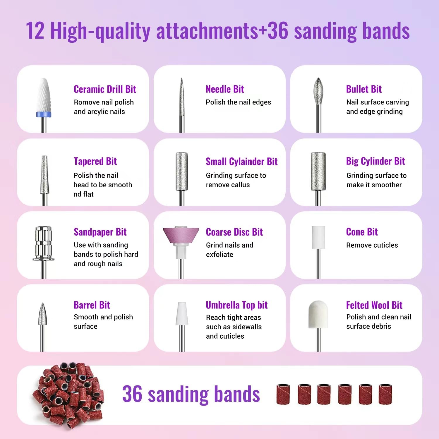 Electric Nail Drill Cordless, Denabuty Electric Nail File for Acrylic Gel Nails Remover Professional, 12 in 1 Nail Drill Kit Machine for Manicure and Pedicure Set for Grinding Rechargeable Portable - Image 5