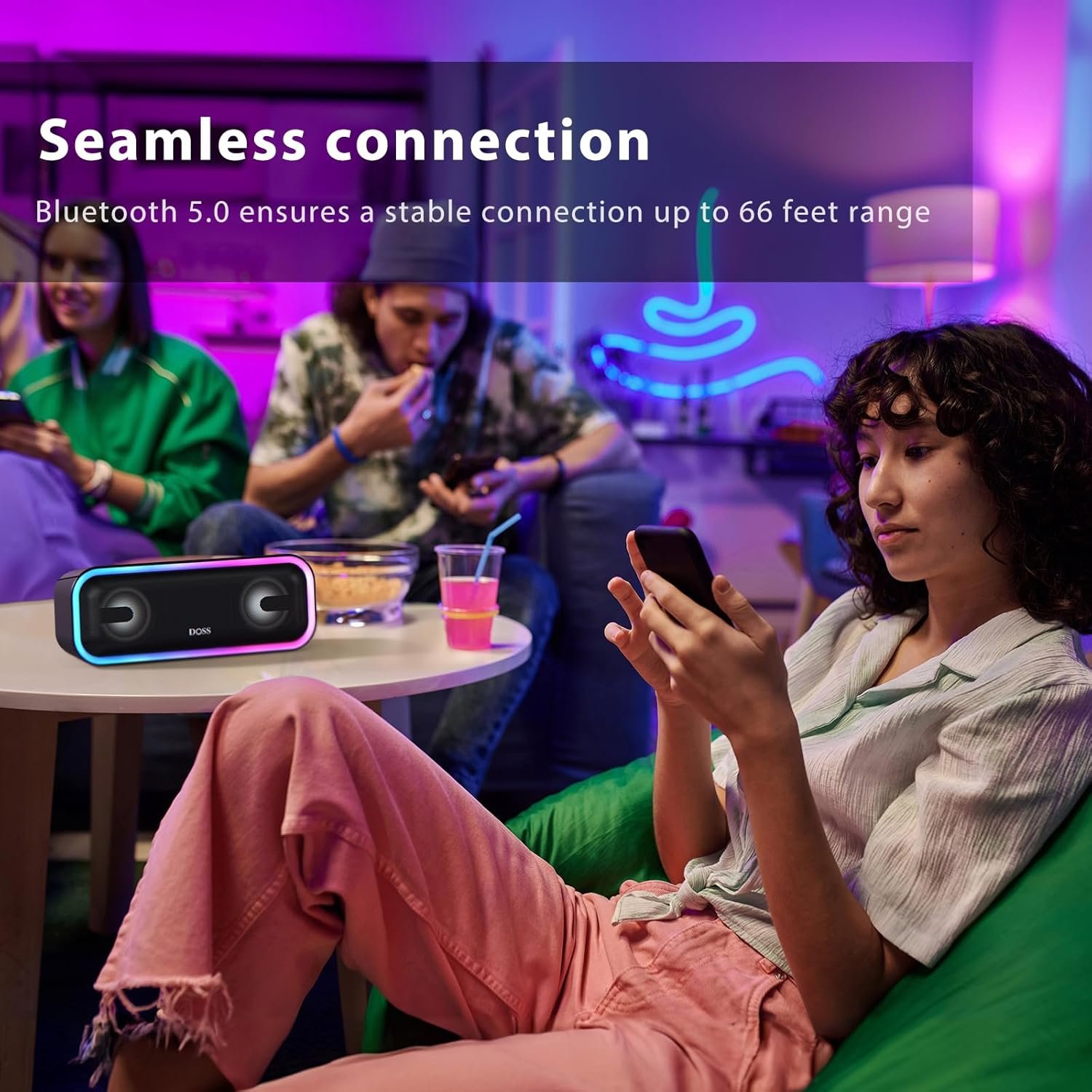 DOSS SoundBox Pro+ Bluetooth Speaker with 24W Stereo Sound, Extra Bass, IPX6 Waterproof, 15H Playtime, Wireless Stereo Pairing, Multi-Colors Light, Portable Speaker for Home, Poolside Party, Camping - Image 8