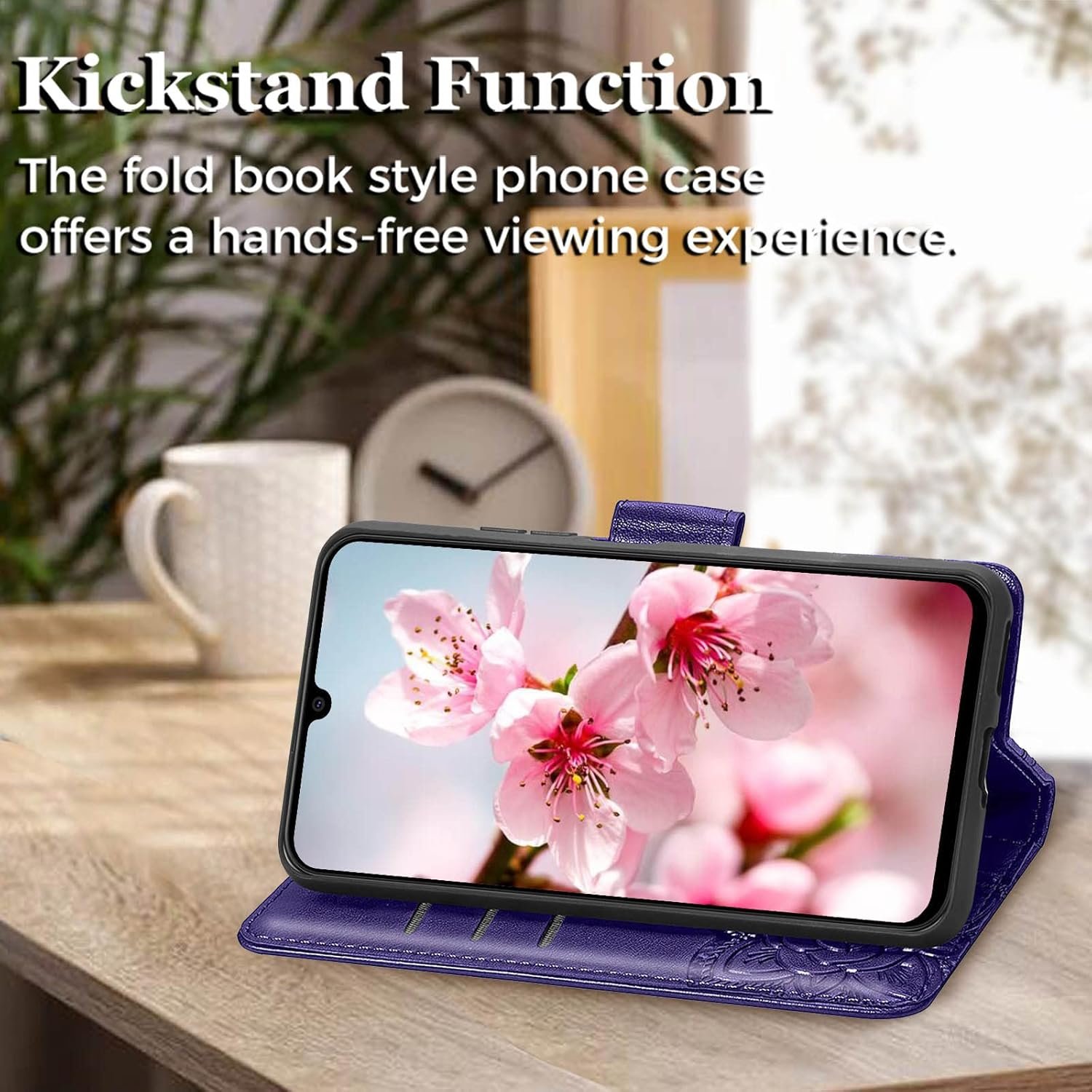 for Galaxy A14 5G Phone Case Wallet,Women Flip Folio Cover with Credit Card Holders Butterfly Embossed PU Leather Stand Wrist Strap Purse Case for Samsung A14 5G 6.6 inch (Purple) - Image 4