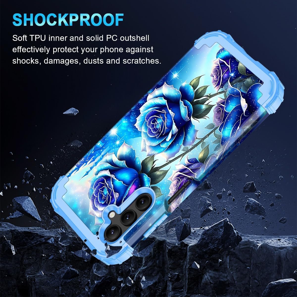 Miqala for Galaxy A14 5G Case with 2 Tempered Glass Screen Protector,Glow in The Dark Three Layer Shockproof Protective Case for Samsung Galaxy A14 5G,Blue Rose - Image 8