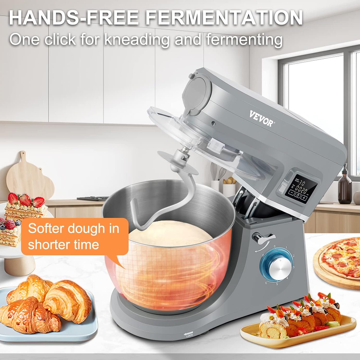 VEVOR 5 IN 1 Stand Mixer, 660W Tilt-Head Multifunctional Electric Mixer with 6 Speeds LCD Screen Timing, 7.4 Qt Stainless Bowl, Dough Hook, Flat Beater, Whisk, Scraper, Meat Grinder, Juice Cup - Gray - Image 5