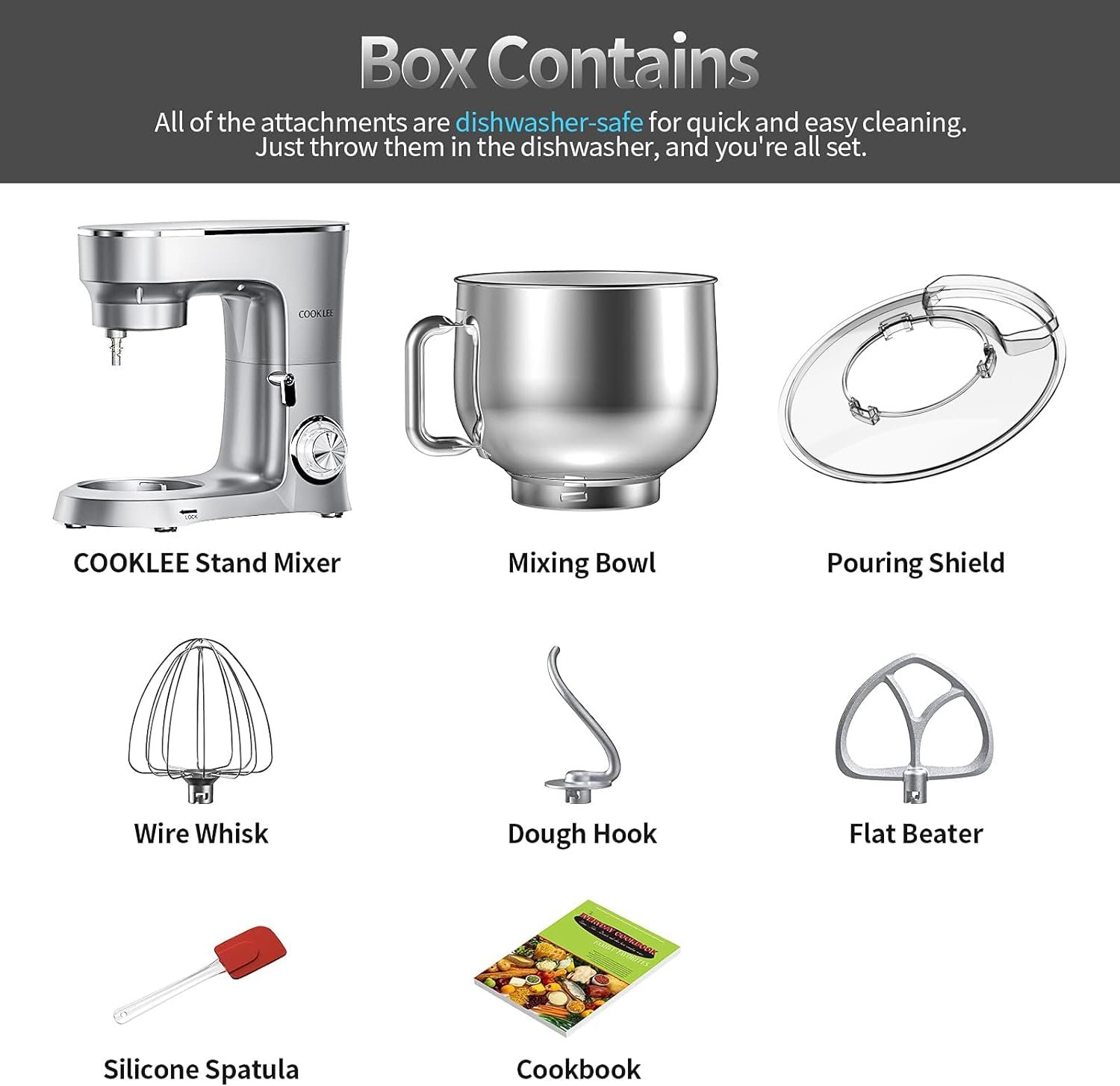 COOKLEE Stand Mixer, 9.5 Qt. 660W 10-Speed Electric Kitchen Mixer with Dishwasher-Safe Dough Hooks, Flat Beaters, Wire Whip & Pouring Shield Attachments for Most Home Cooks, SM-1551, Silver - Image 5