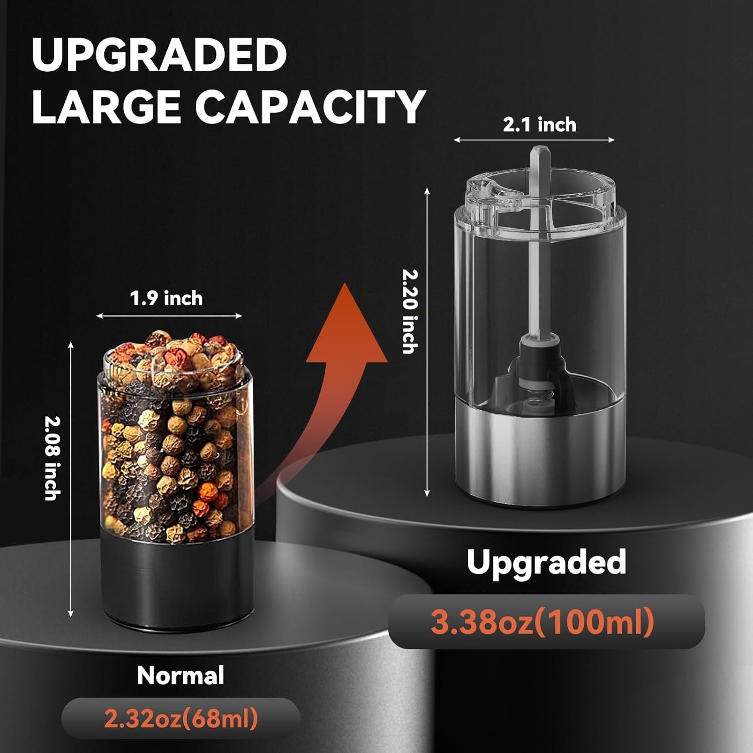 Rechargeable Salt and Pepper Grinder Set, Yumcian Stainless Steel Automatic Salt and Pepper Grinder Mill, Electric Pepper Shakers Set with Adjustable Coarseness and LED Light, Upgraded Larger Capacity - Image 3