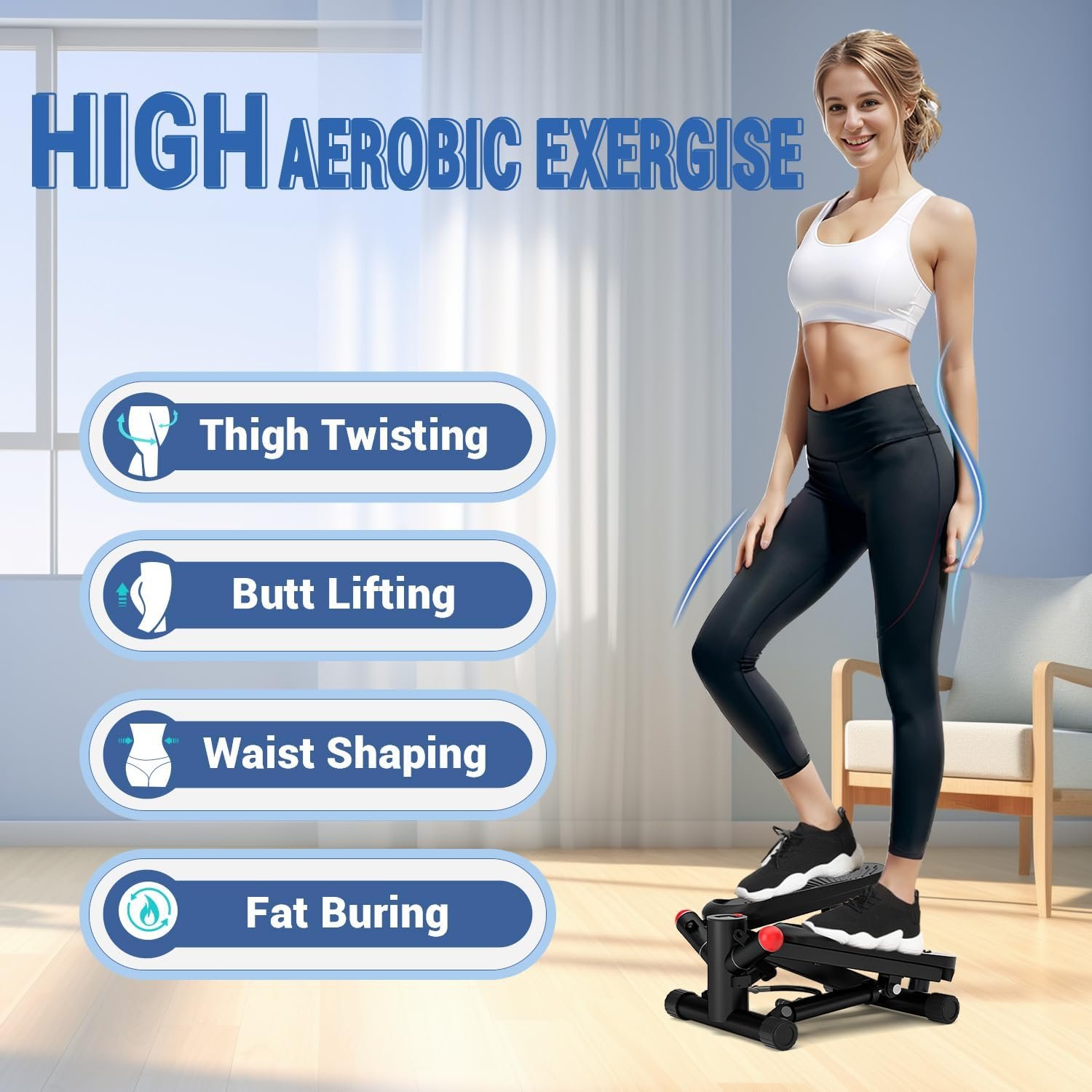 Steppers for Exercise at Home, Mini Stepper with Resistance Bands, Air-Powered Stair Stepper with 350lbs Loading Capacity,Twist Stepper Portable Exercise Equipment for Full Body Workout - Image 4