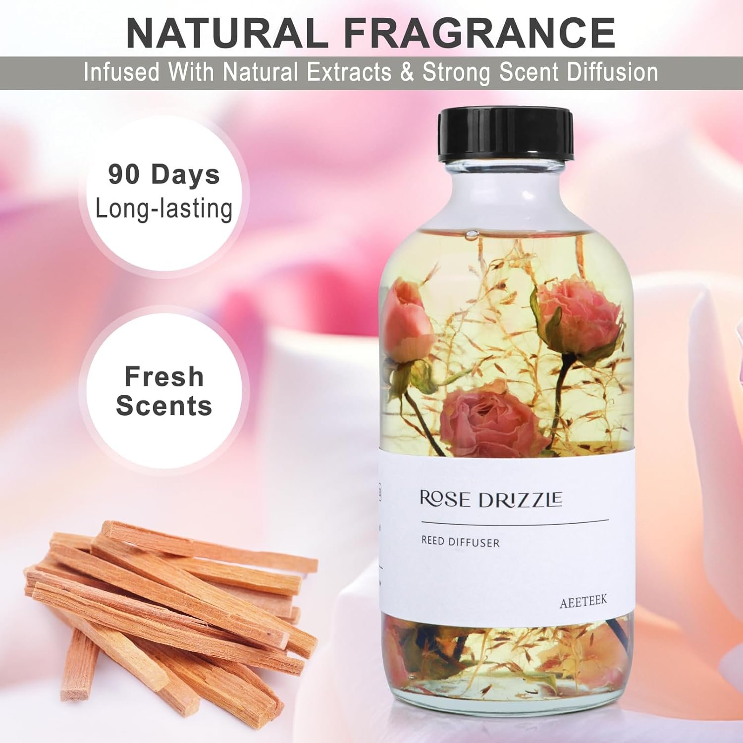 Reed Diffuser Set, Sandalwood Rose Essential Oil, 7.4fl oz(220ml) Flower Aroma Home Fragrance with 7 Rattan Sticks, Diffuser Oils Scents for Bathroom Bedroom Office Shelf Large Room Decor - Image 5