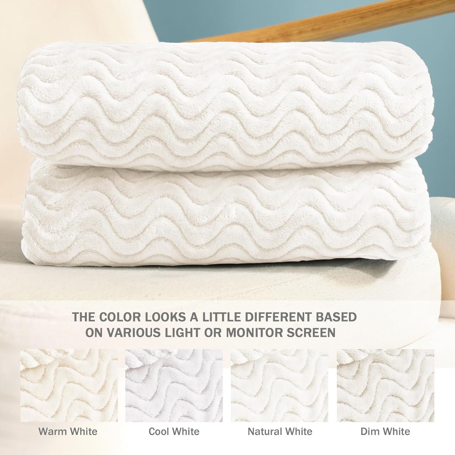 Exclusivo Mezcla Off White Fleece Throw Blanket for Couch Bed, Super Soft Cozy Blankets with Decorative Wave Textured, Lightweight Plush Blanket All Season Use, 50x70 Inches - Image 8