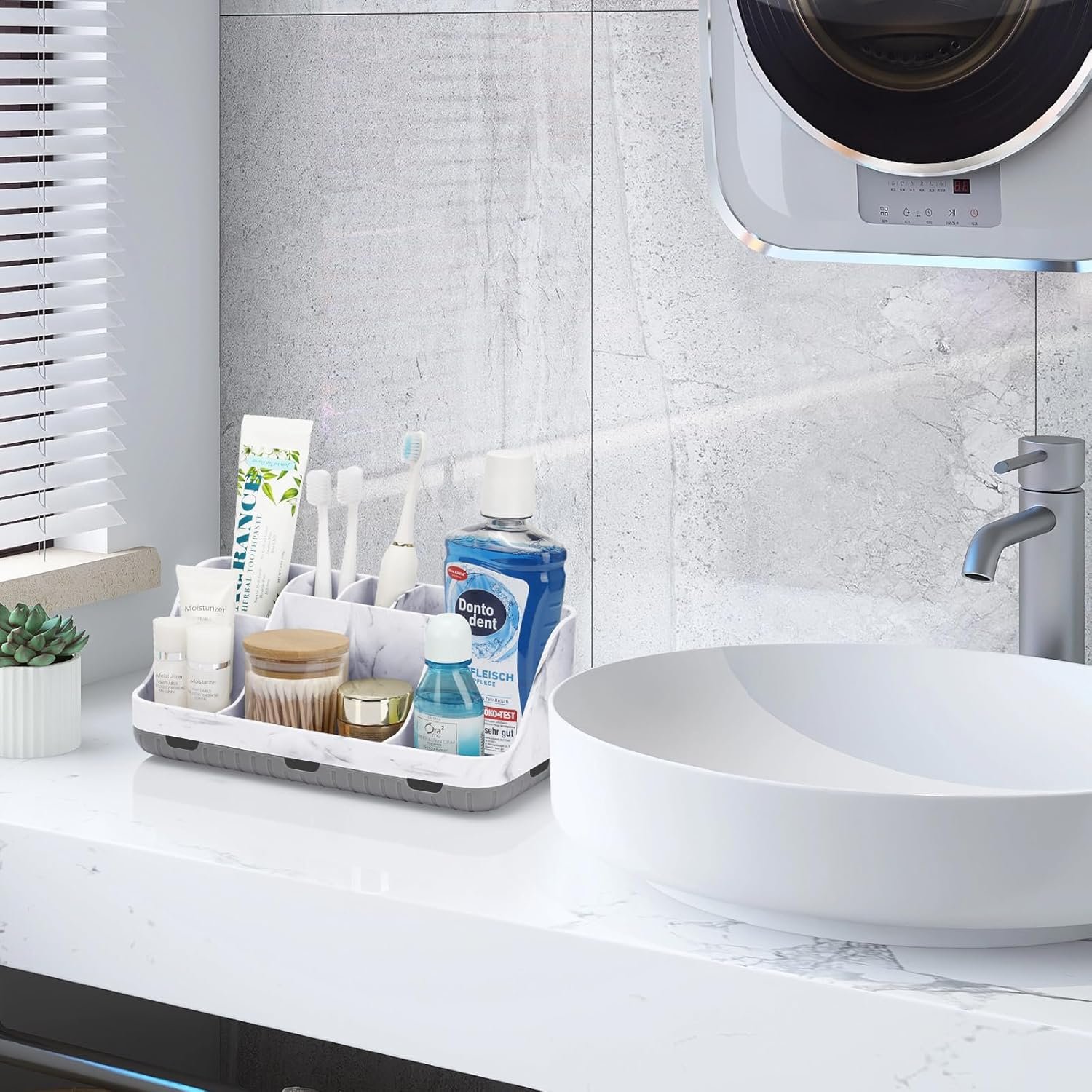 Marble Bathroom Countertop Organizer - Detachable 7 Slots Kids Electric Toothbrush and Toothpaste Holde Drainage for Bathroom Accessories Organization Counter Vanity Storage, Grey - Image 6