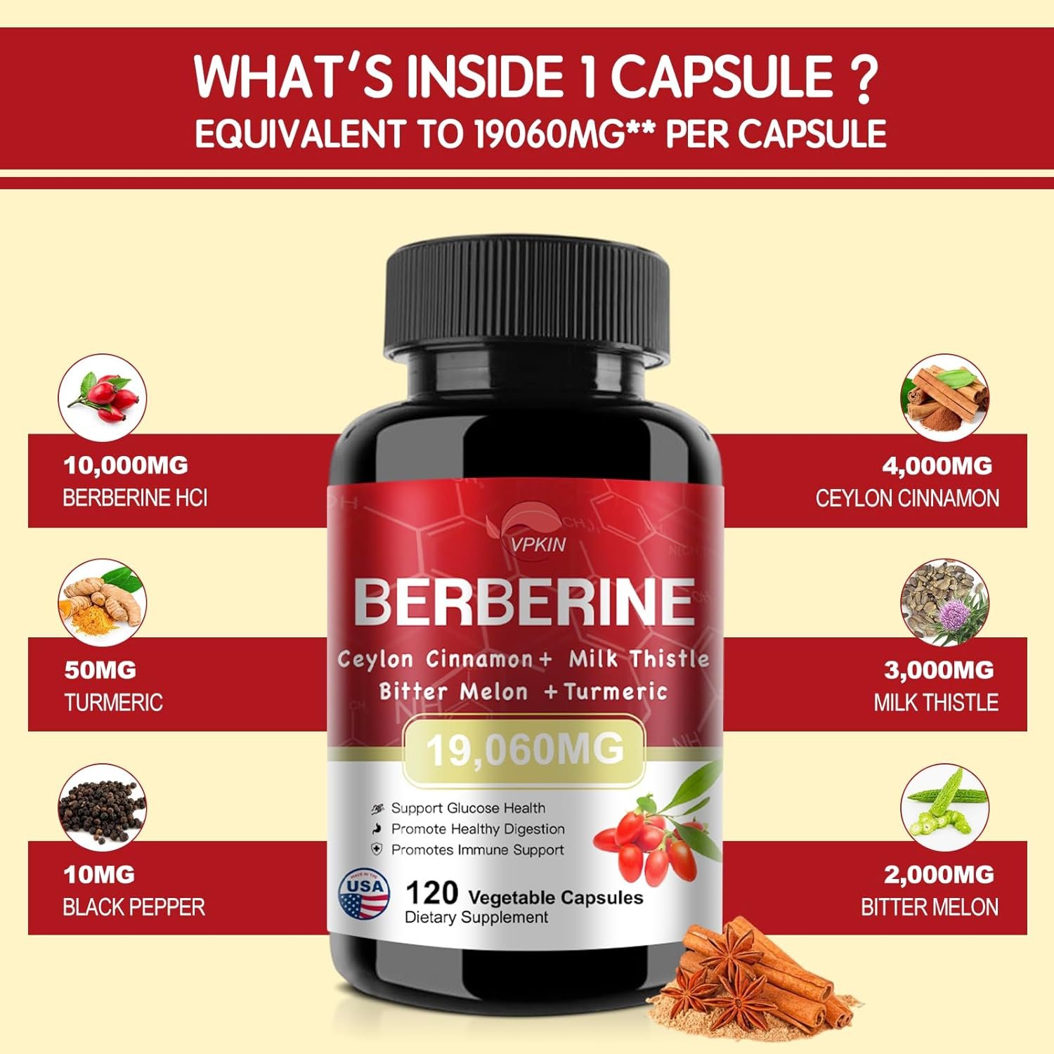 Berberine Supplement 19,060mg,Berberine with Ceylon Cinnamon,Bitter Melon,Milk Thistle,Berberine HCl Supplement(120 Capsules) - Image 3