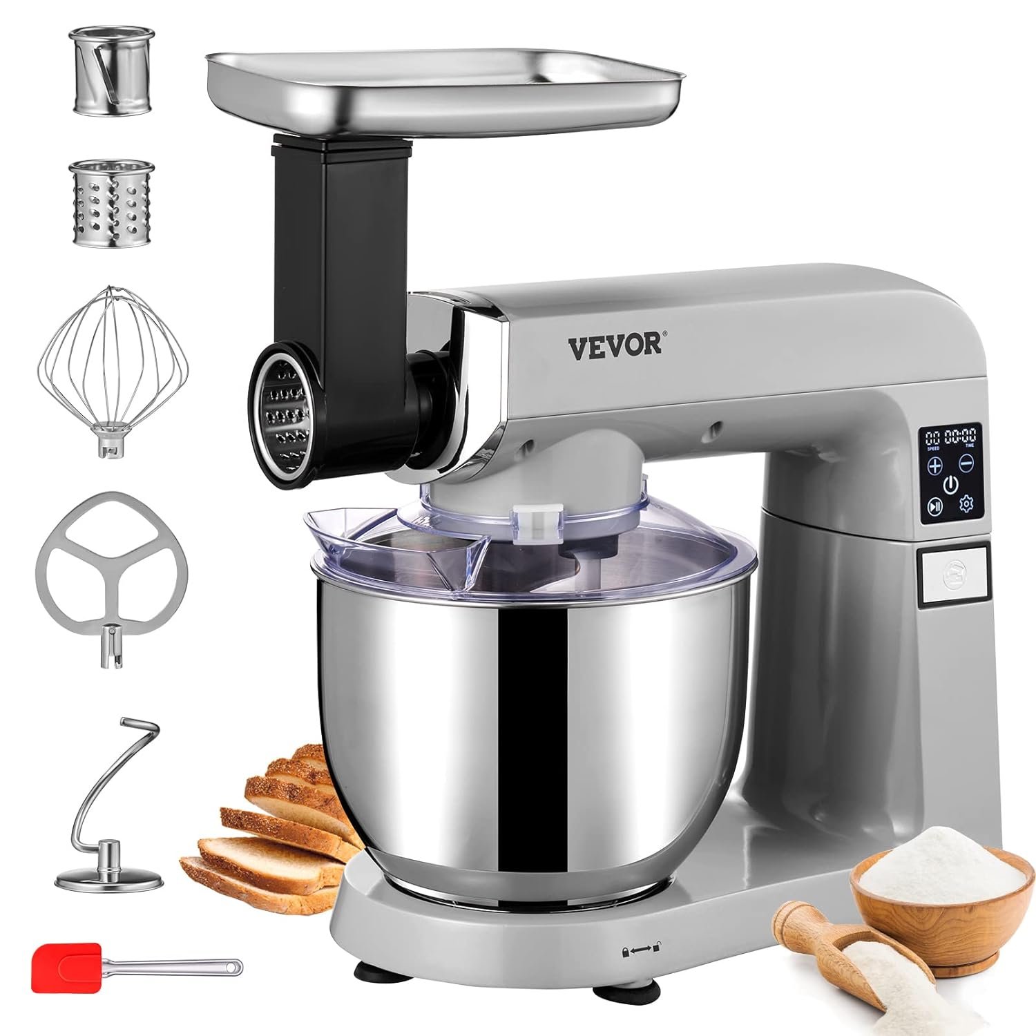 VEVOR 6 IN 1 Stand Mixer, 450W Tilt-Head Multifunctional Electric Mixer with 6 Speeds LCD Screen Timing, 7.4Qt Stainless Bowl, Dough Hook, Flat Beater, Whisk, Scraper, Grinder, Stuffer, Slicer - Gray - Image 2