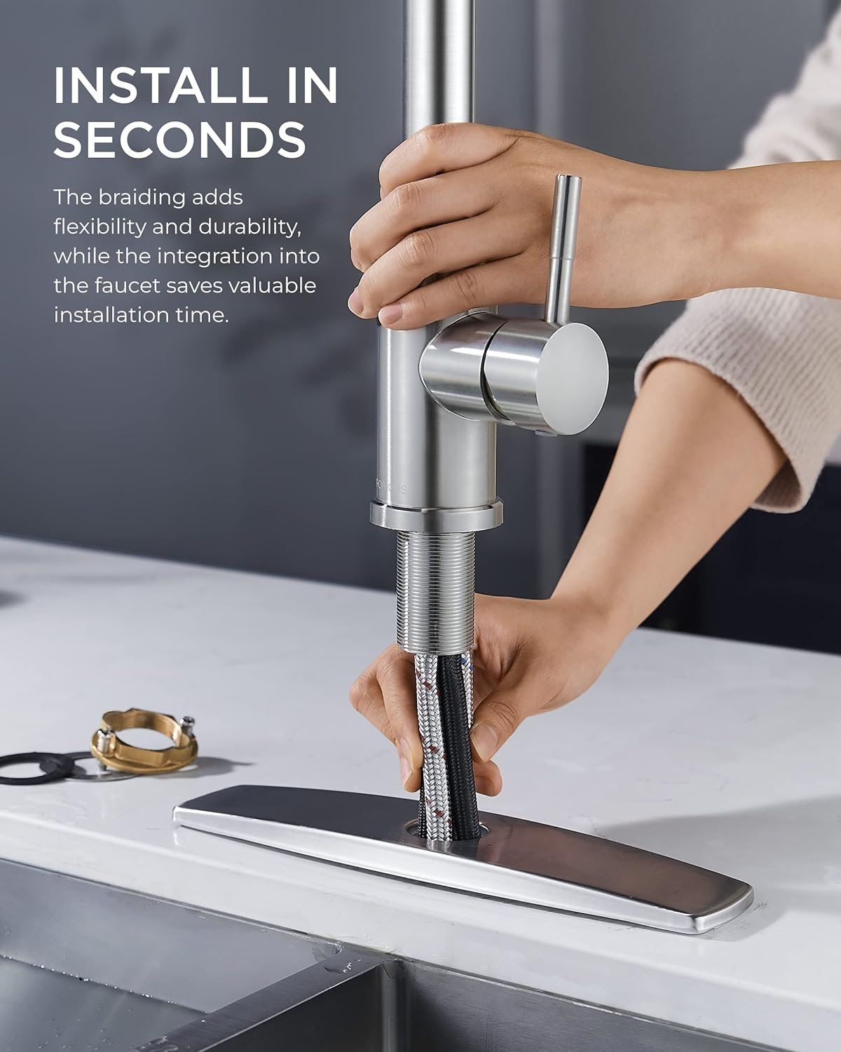 FORIOUS Kitchen Faucets, Brushed Nickel Kitchen Faucet with Pull Down Sprayer, High Arc Single Handle Stainless Steel Sink Faucets 1 or 3 Hole, Kitchen Sink Faucets for Farmhouse Camper Laundry Rv Bar - Image 5