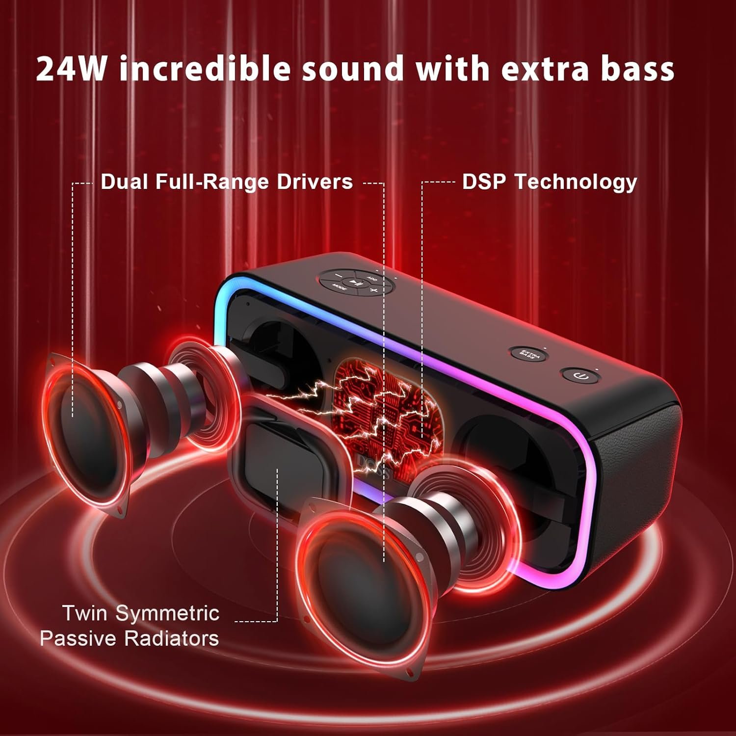 DOSS SoundBox Pro+ Bluetooth Speaker with 24W Stereo Sound, Extra Bass, IPX6 Waterproof, 15H Playtime, Wireless Stereo Pairing, Multi-Colors Light, Portable Speaker for Home, Poolside Party, Camping - Image 3