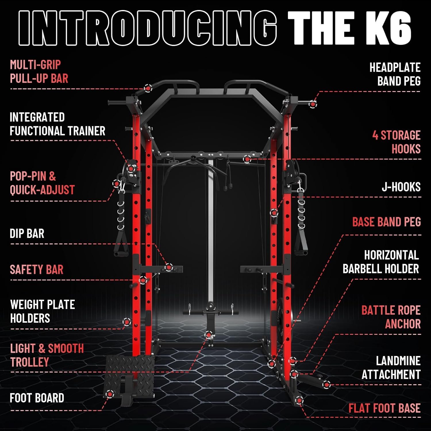 ER KANG Power Cage, PC06 1500LBS Power Rack with Cable Crossover System, Multi-Function Workout Cage, Squat Rack Home Gym (Red Power Cage Only) - Image 3