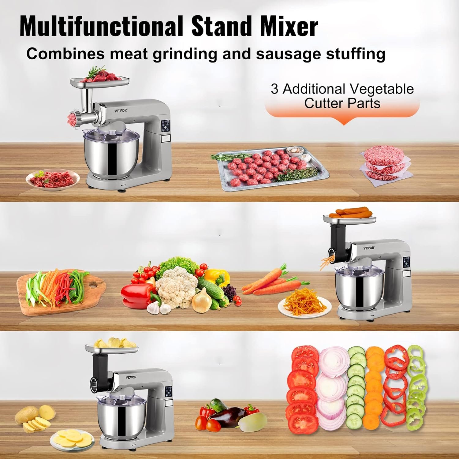 VEVOR 6 IN 1 Stand Mixer, 450W Tilt-Head Multifunctional Electric Mixer with 6 Speeds LCD Screen Timing, 7.4Qt Stainless Bowl, Dough Hook, Flat Beater, Whisk, Scraper, Grinder, Stuffer, Slicer - Gray - Image 5
