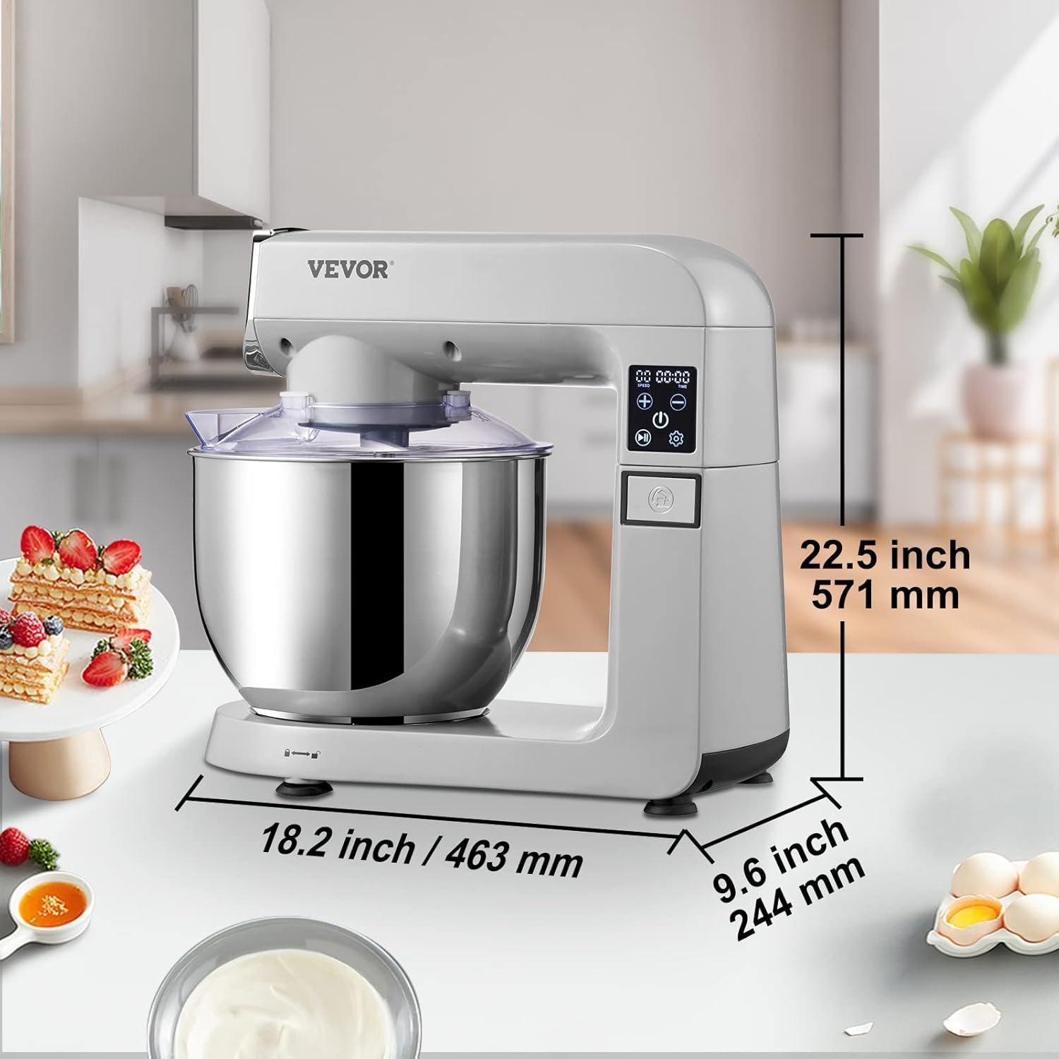 VEVOR 6 IN 1 Stand Mixer, 450W Tilt-Head Multifunctional Electric Mixer with 6 Speeds LCD Screen Timing, 7.4Qt Stainless Bowl, Dough Hook, Flat Beater, Whisk, Scraper, Grinder, Stuffer, Slicer - Gray - Image 8