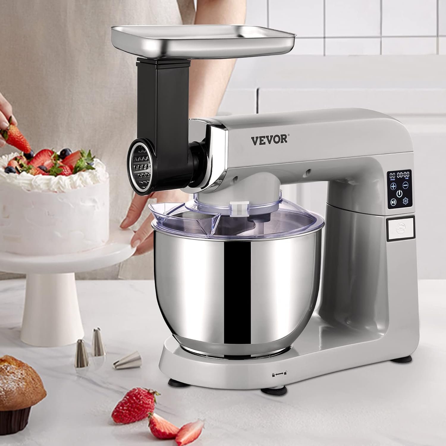 VEVOR 6 IN 1 Stand Mixer, 450W Tilt-Head Multifunctional Electric Mixer with 6 Speeds LCD Screen Timing, 7.4Qt Stainless Bowl, Dough Hook, Flat Beater, Whisk, Scraper, Grinder, Stuffer, Slicer - Gray - Image 9