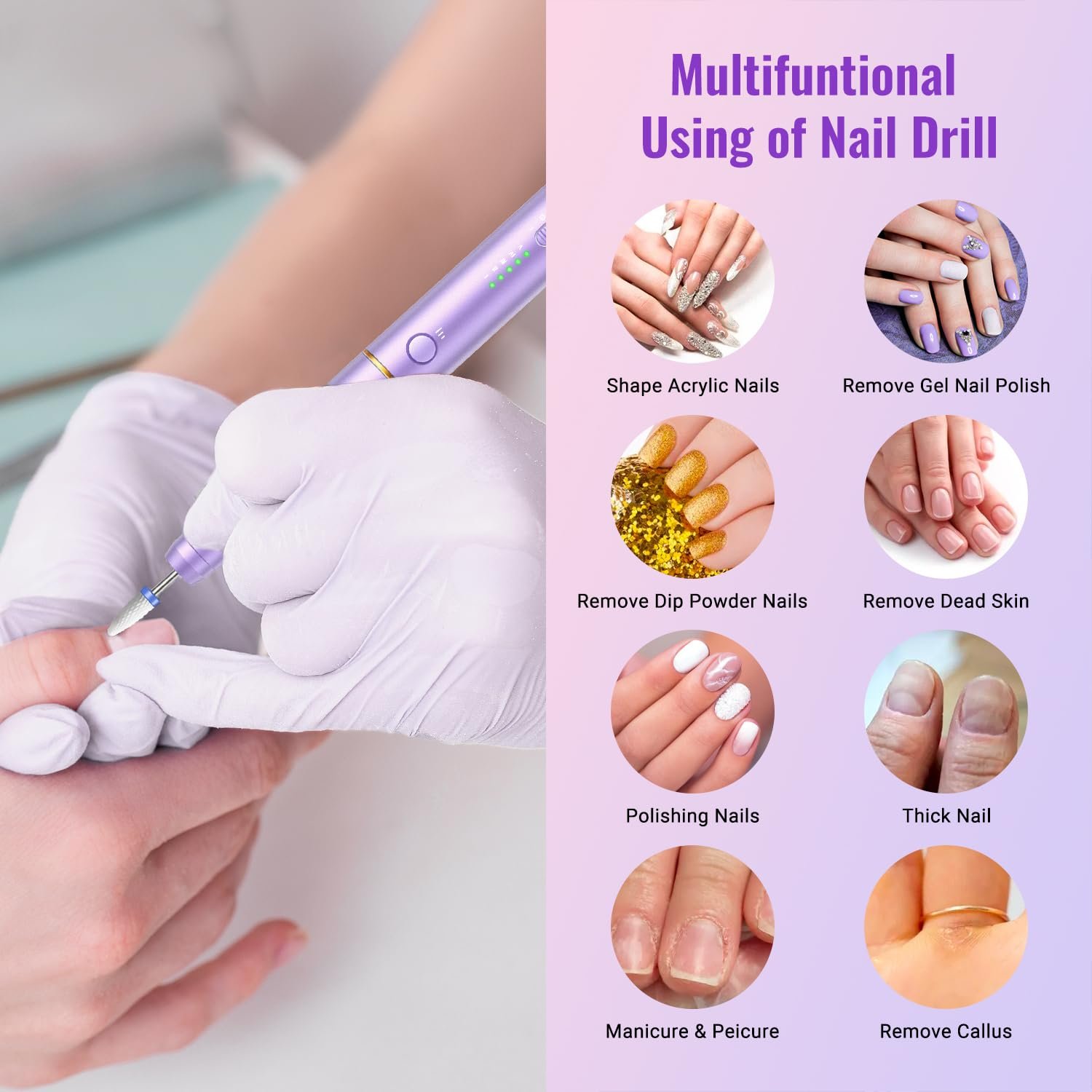 Electric Nail Drill Cordless, Denabuty Electric Nail File for Acrylic Gel Nails Remover Professional, 12 in 1 Nail Drill Kit Machine for Manicure and Pedicure Set for Grinding Rechargeable Portable - Image 8