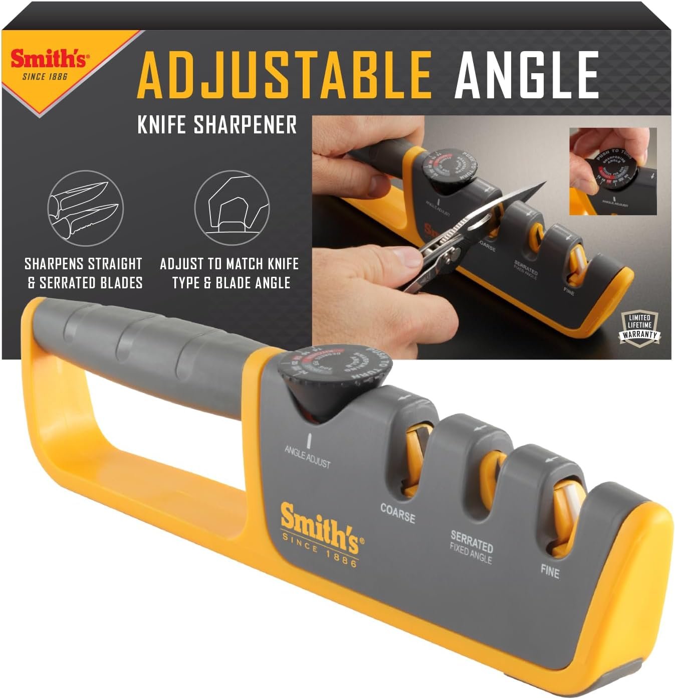Smith's Adjustable Angle 2-Stage Knife Sharpener - Grey/Yellow, Restores Blades for Hunting, Pocket & Serrated Knives - Image 2