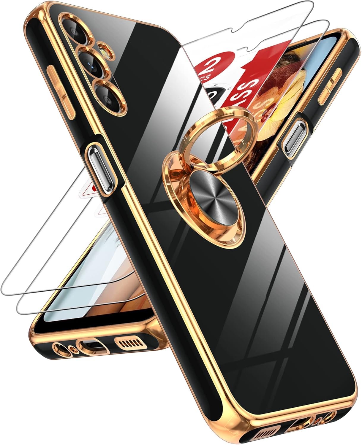 LeYi for Samsung Galaxy A14 5G Case: with 2 Pack Tempered Glass Screen Protector and 360° Rotatable Ring Holder Magnetic Kickstand, Plating Rose Gold Edge Protective Samsung A 14 5G Case, Black - Image 2