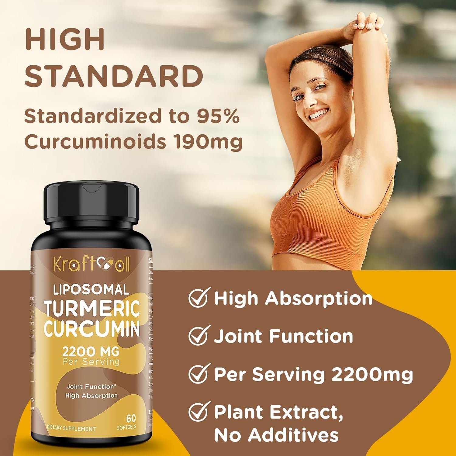 Liposomal Turmeric Curcumin Supplement 2200 mg with Black Pepper Extract 15 mg for High Absorption and Joint Function, 60 Softgels for Adults - Image 5