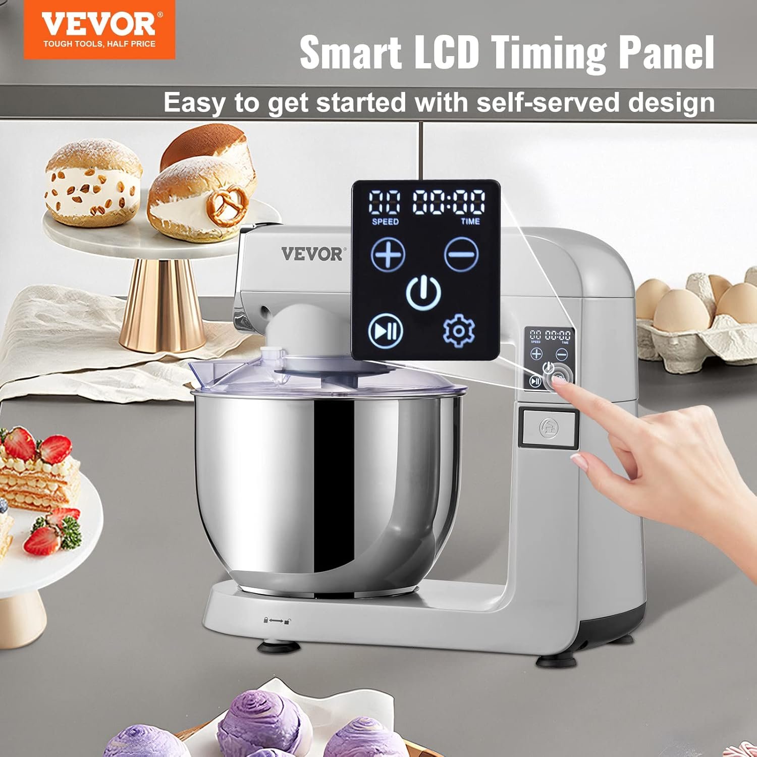 VEVOR 6 IN 1 Stand Mixer, 450W Tilt-Head Multifunctional Electric Mixer with 6 Speeds LCD Screen Timing, 7.4Qt Stainless Bowl, Dough Hook, Flat Beater, Whisk, Scraper, Grinder, Stuffer, Slicer - Gray - Image 3