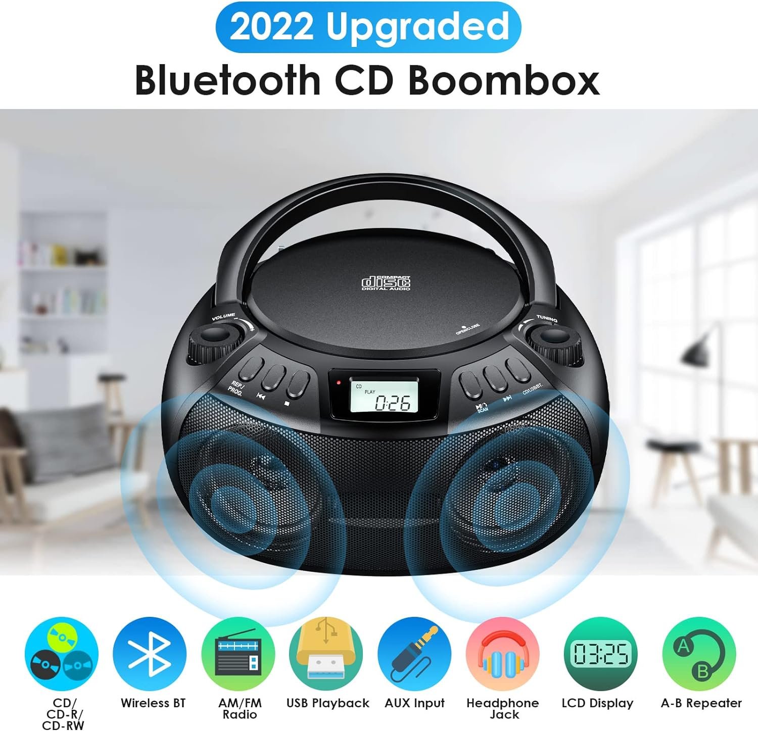 Gueray CD Player Boombox with Bluetooth Boombox AM/FM Radio USB Port Portable CD Player Stereo Sound Speaker MP3 Playback 3.5mm AUX Input Headphone Jack LCD Display CD-R CD-RW MP3WMA Playback - Image 3